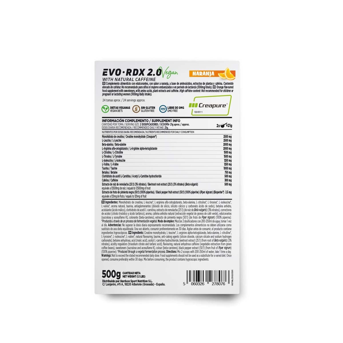 HSN Pre Entreno Evordx 2.0 (300mg de Cafeína) | Naranja 500g | Pre Workout 100% Vegano Sin Carbohidratos Sin Gluten | BCAAs, Creatina, L-citrulina, Arginina AKG, Extracto de Remolacha — view 2