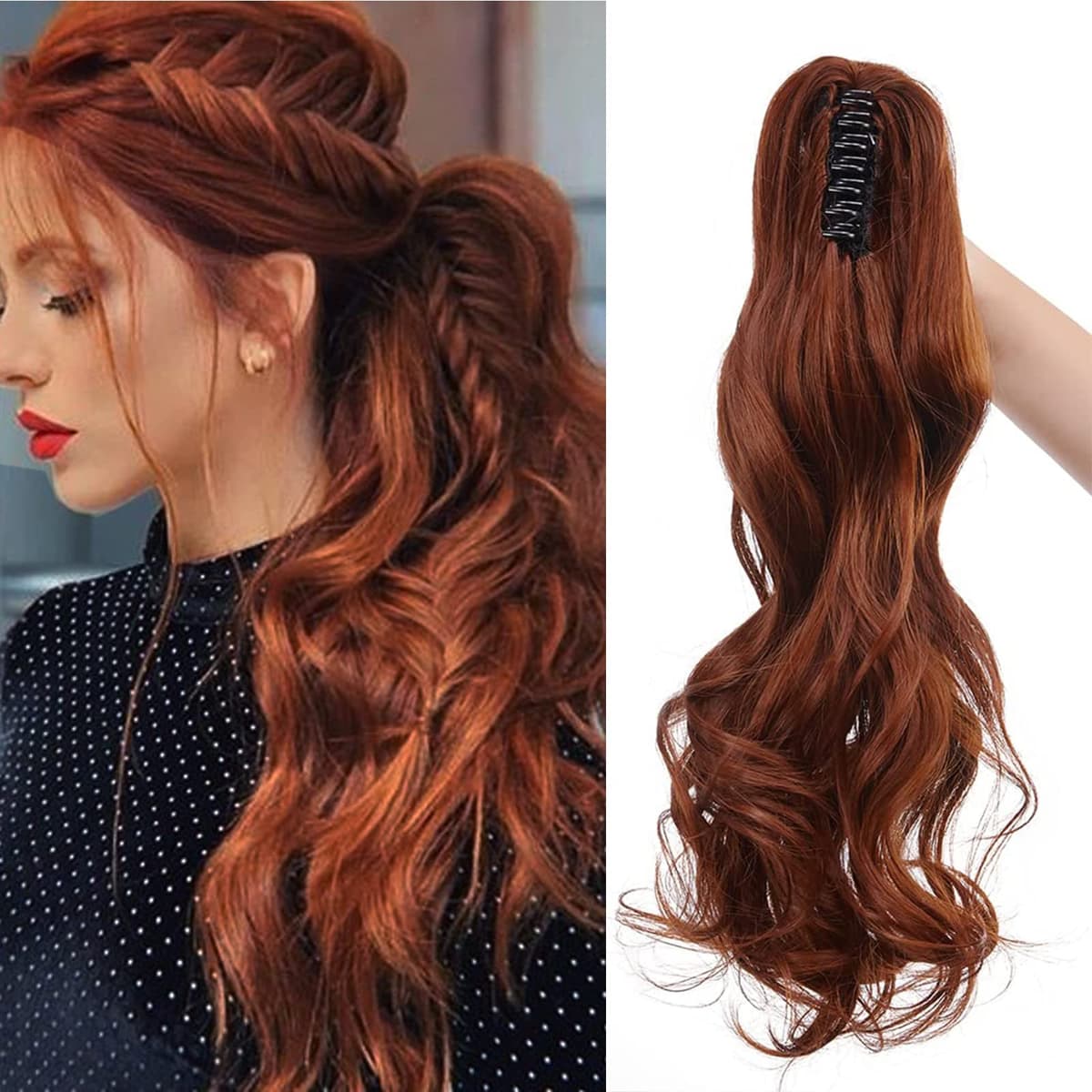 17"(43cm) SEGO Ponytail Long Synthetic Hair Looks Natural [Red Brown/Orange] Clip in Hair Extensions Curly Tail Ponytail Extension (90g) — view 95