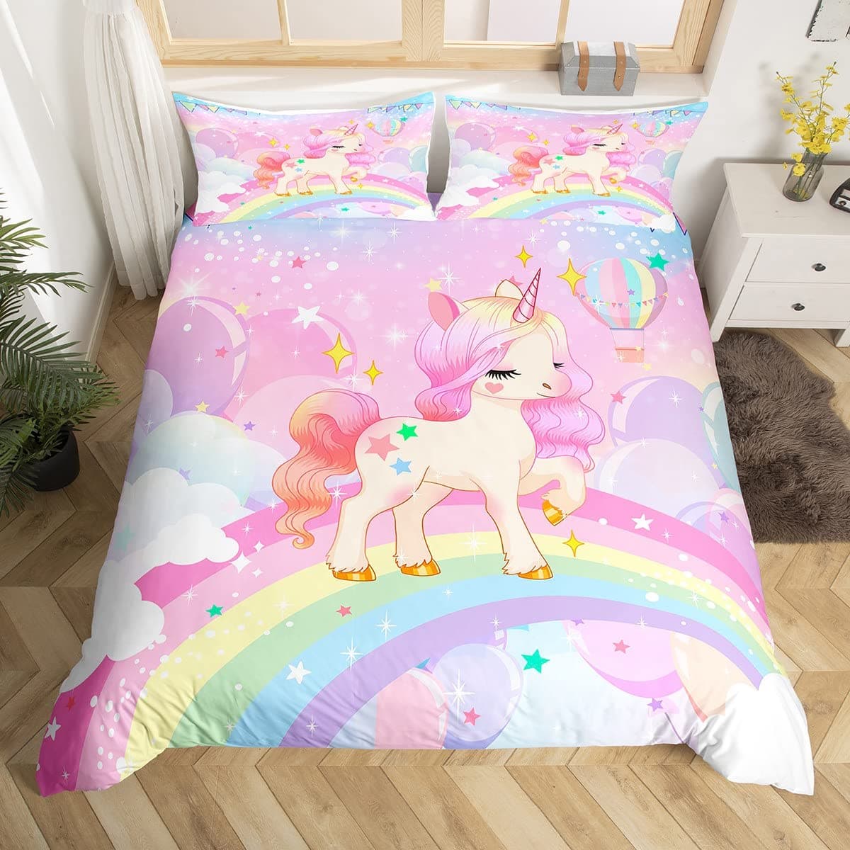 Loussiesd Juego de cama para niñas, diseño kawaii de unicornio y arcoíris, funda nórdica de dibujos animados, galaxia, estrellas, animales, 1 funda de almohada, tamaño individual — view 2