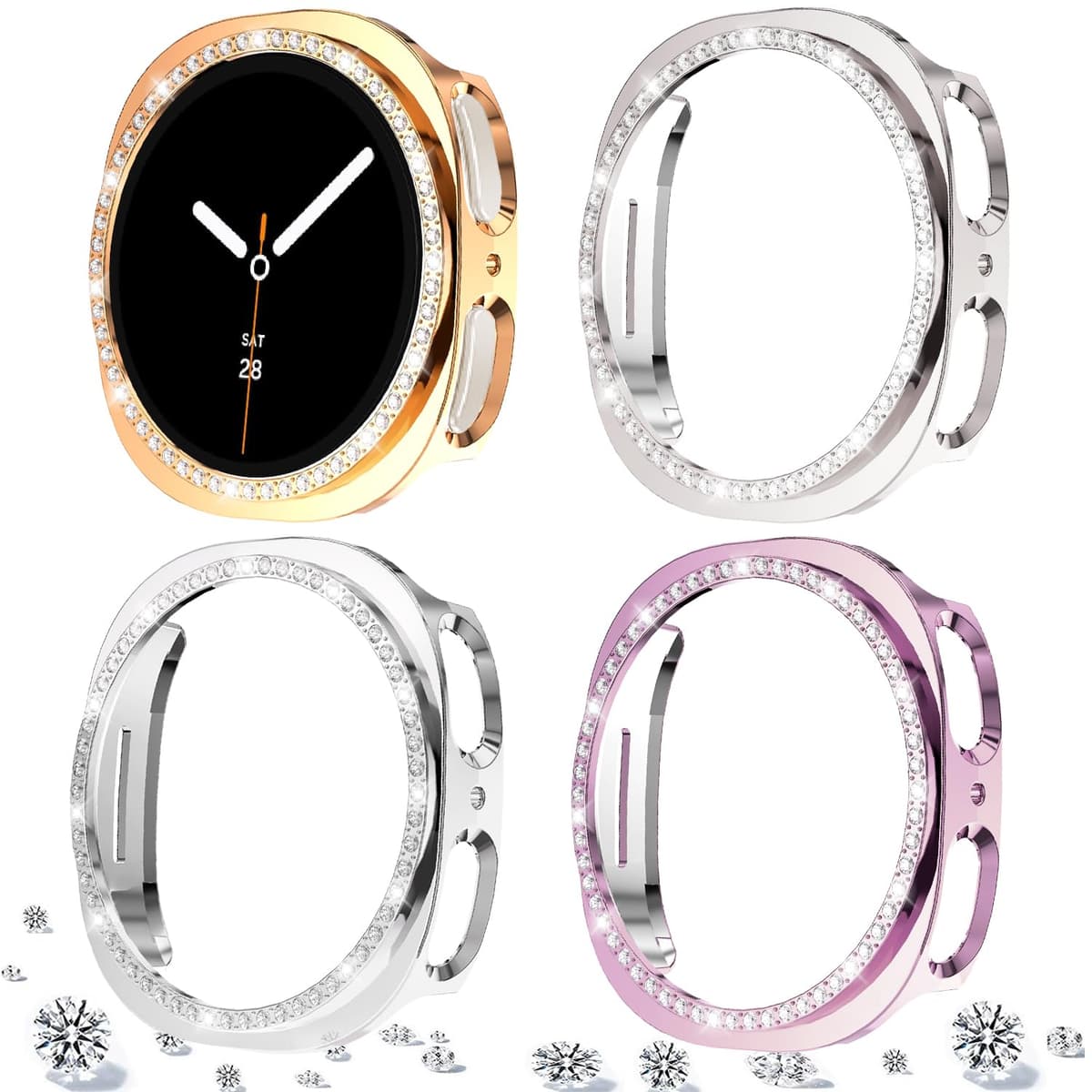 DEALELE [2-PACK] Case Compatible with Samsung Galaxy Watch FE / 5/4 40mm, Bling Double-row Diamond PC Protective Case Protector Cover, 40mm, Rose gold + Transparent — view 96