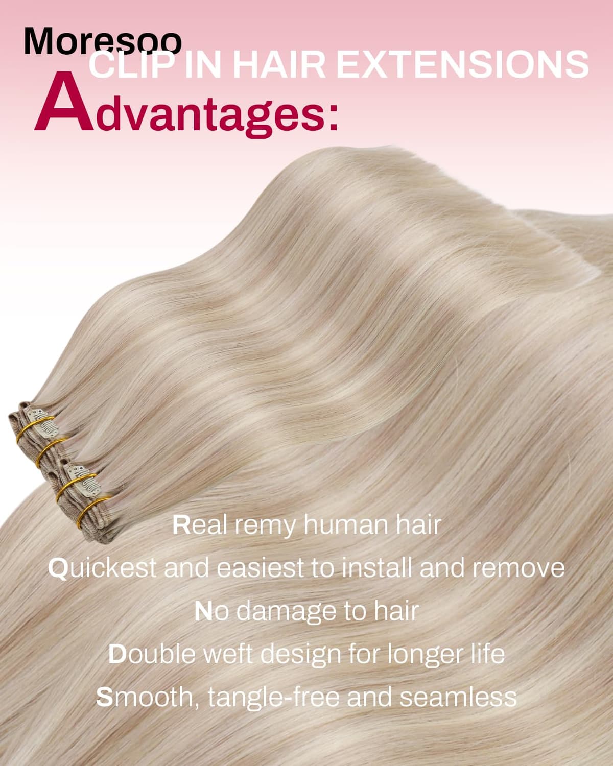Moresoo Human Hair Extensions Clip in Real Hair Ash Blonde with Bleached Blonde Clip in Hair Extensions Remy Human Mid-length Hair Layered Add Volume 14 Inch 5pcs/80g #P18/613 — view 2