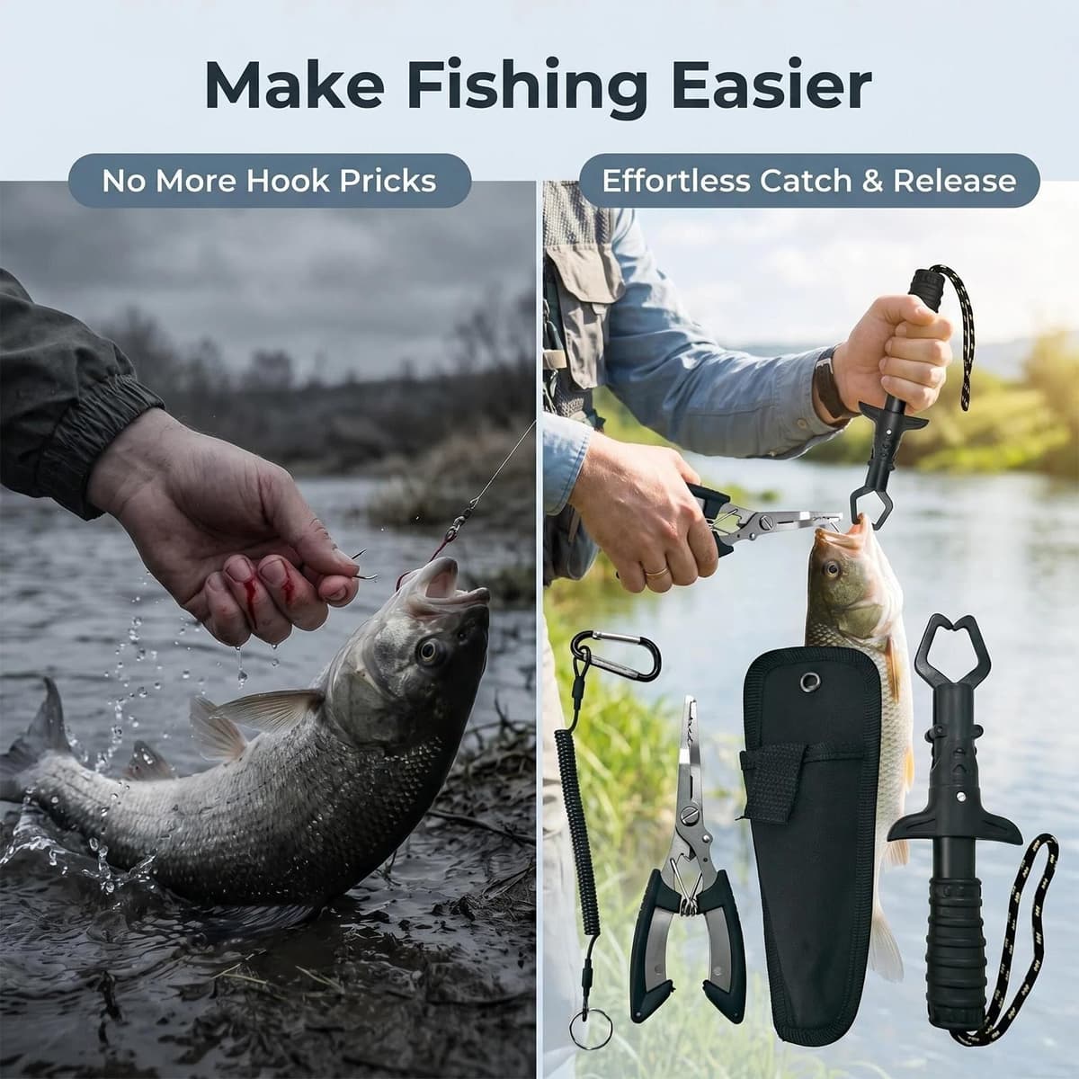 2 Pcs Pinzas de Pesca y Alicate para Labios de Pescado, Herramientas Multifuncionales de Acero Inoxidable para Pesca en Agua Dulce y Salada con Seguridad Tipo de Bobina, Fundas y Cordón — view 5