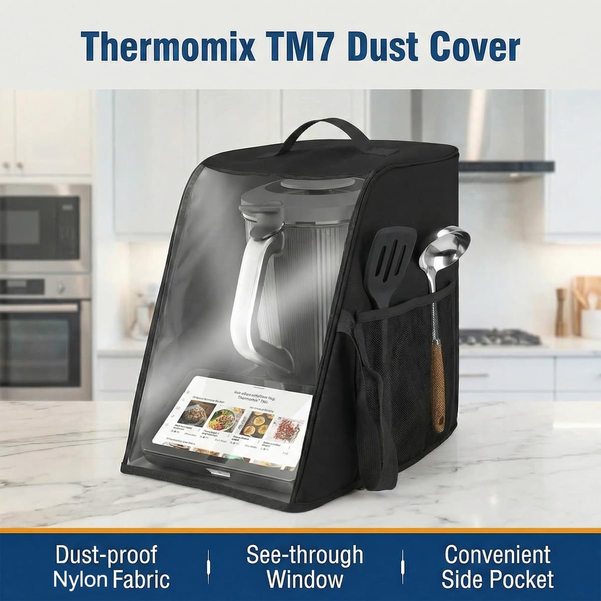 Cubierta protectora para Thermomix TM7, Funda thermomix tm7 con ventana de visualización transparente, diseño plegable, bolsillos para accesorios y asa de transporte Ideal para almacenar TM7 — view 3