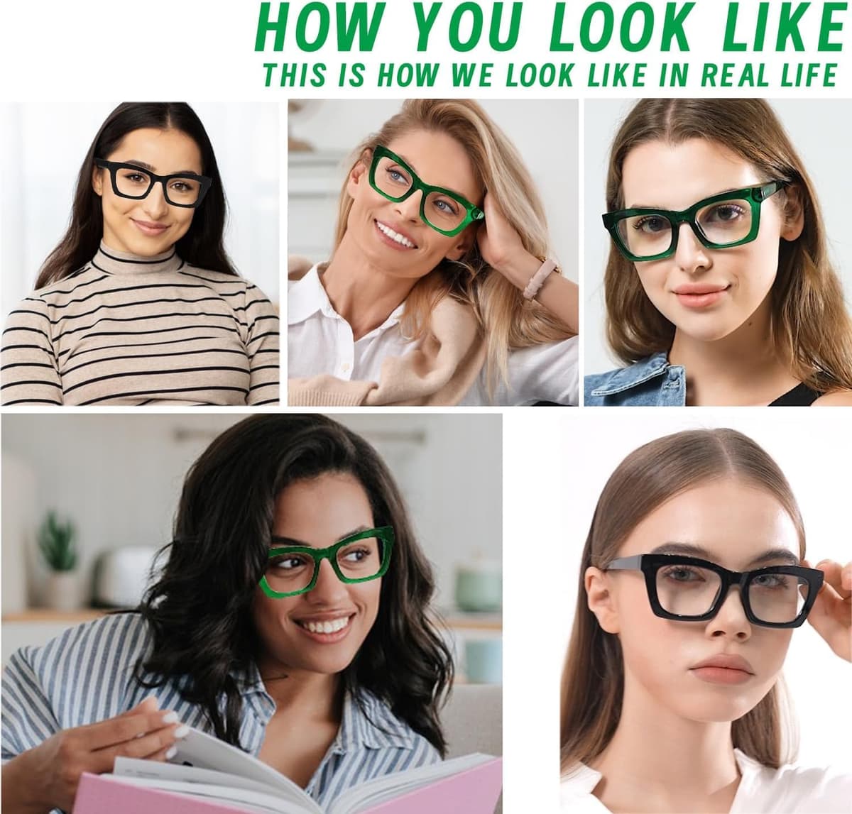 Hubeye Gafas de lectura para Mujeres de Moda Anteojos de lectura con Bisagra de resorte ultraligeras anti luz azul (Negro+Verde, 1.25) — view 5