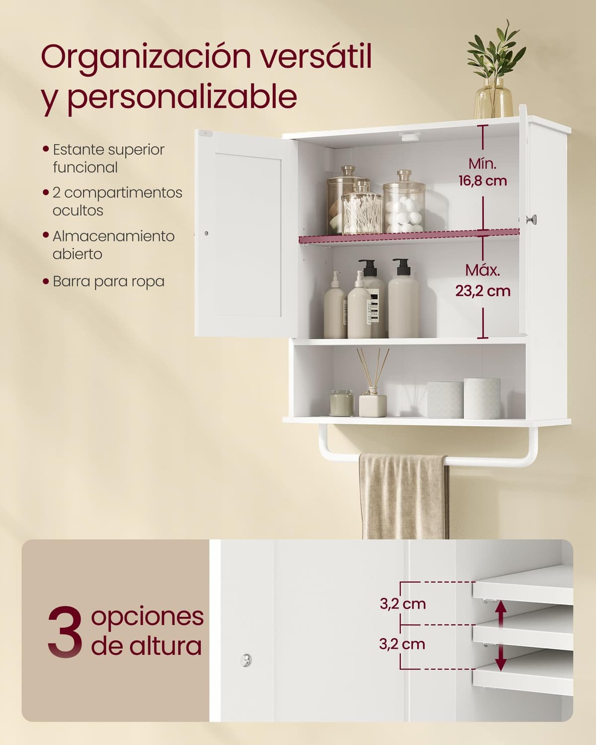 VASAGLE Siren Colección - Mueble de Baño Colgante con Barra para Toallas, Armario de Pared con Estante Abierto, Estante Ajustable y Puertas, Estilo Rústico, Blanco Nube BBK149WB01 — view 4