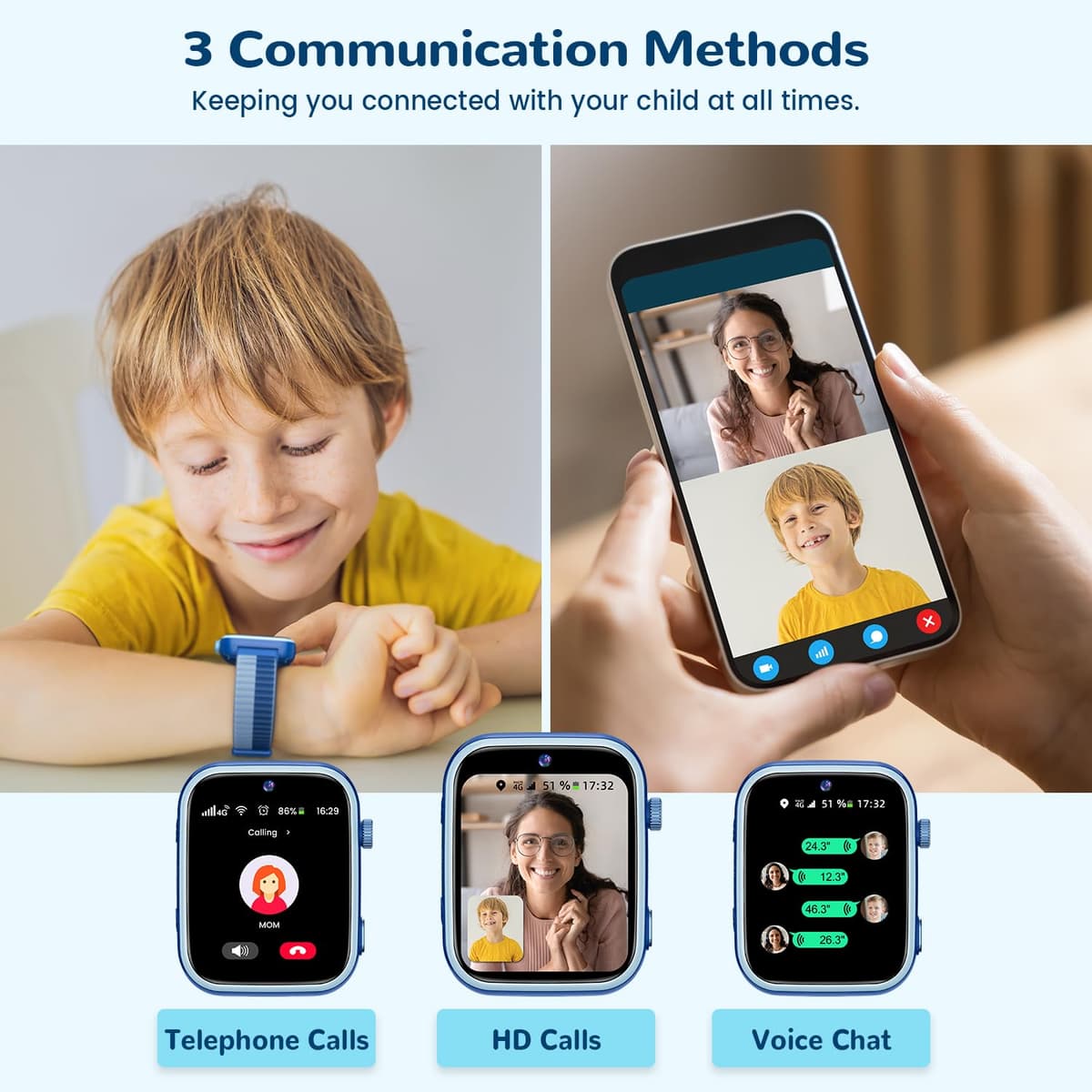 4G Reloj Inteligente Niño, Smartwatch Niños con GPS y Llamadas, Videollamadas, Chat de Voz, SMS, WhatsApp, SIM, SOS, Modo Escuela, WiFi, Localizador, Podómetro IP68 Reloj Niño y Niñas Azul Regalo — view 4