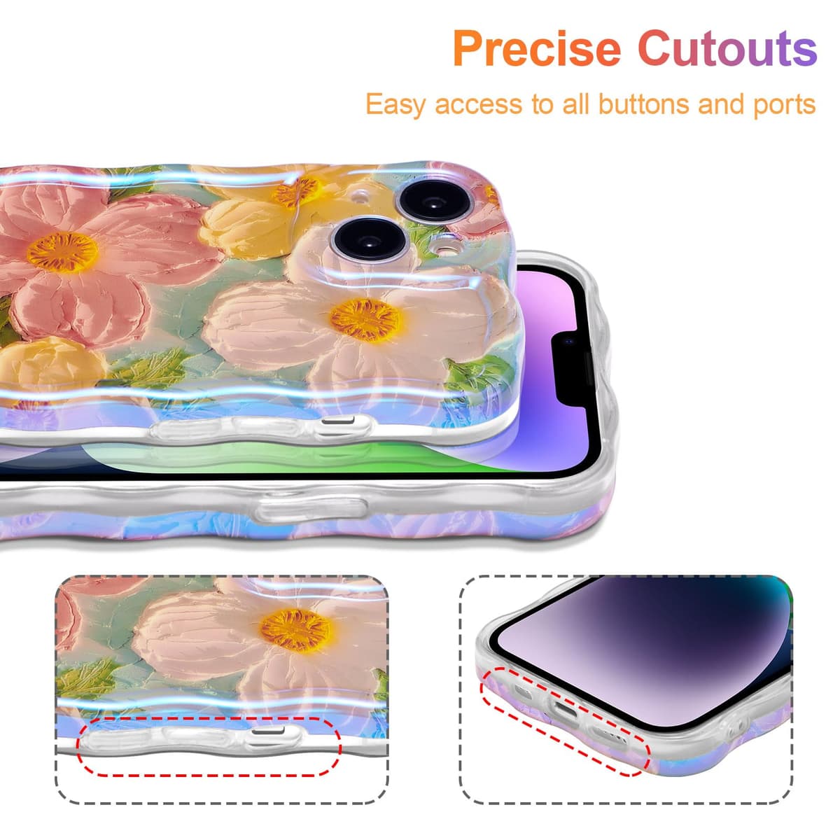 EYZUTAK Case for iPhone 15, Colorful Retro Oil Painting Flower Laser Beam Glossy Pattern Cute Curly Waves Border Exquisite Phone Cover Stylish Durable Soft TPU Protective Case for Girls Women - Green — view 5