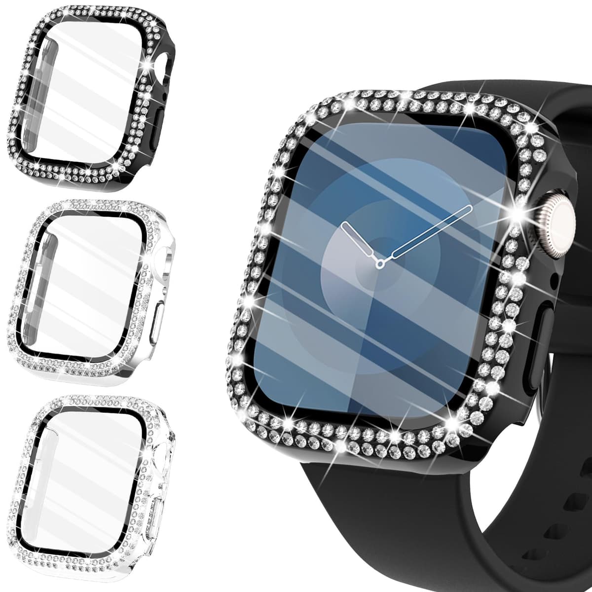 WINGLE Compatible with Apple Watch Screen Protector 38mm Series 3 2 1, Women Shiny Diamond Cover with Tempered Glass Screen Protector for apple watch Case 38mm, Clear — view 19