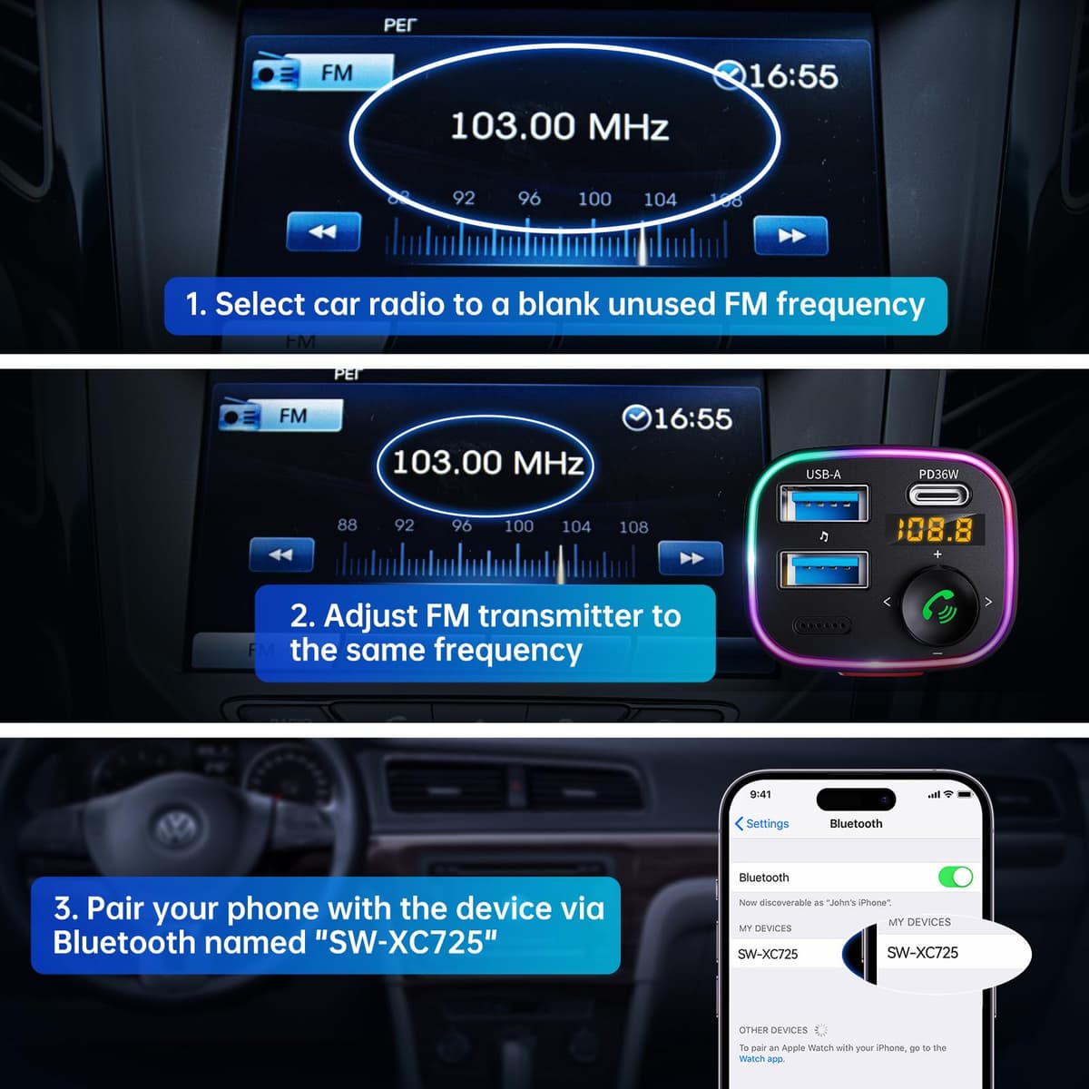 Syncwire Bluetooth 5.4 FM Transmitter Car Adapter 48W (PD 36W & 12W) [Light Switch] [HiFi Bass Sound] [Fast Charging] Wireless Radio Music Adapter LED Display Hands-Free Calling Support USB Drive — view 7