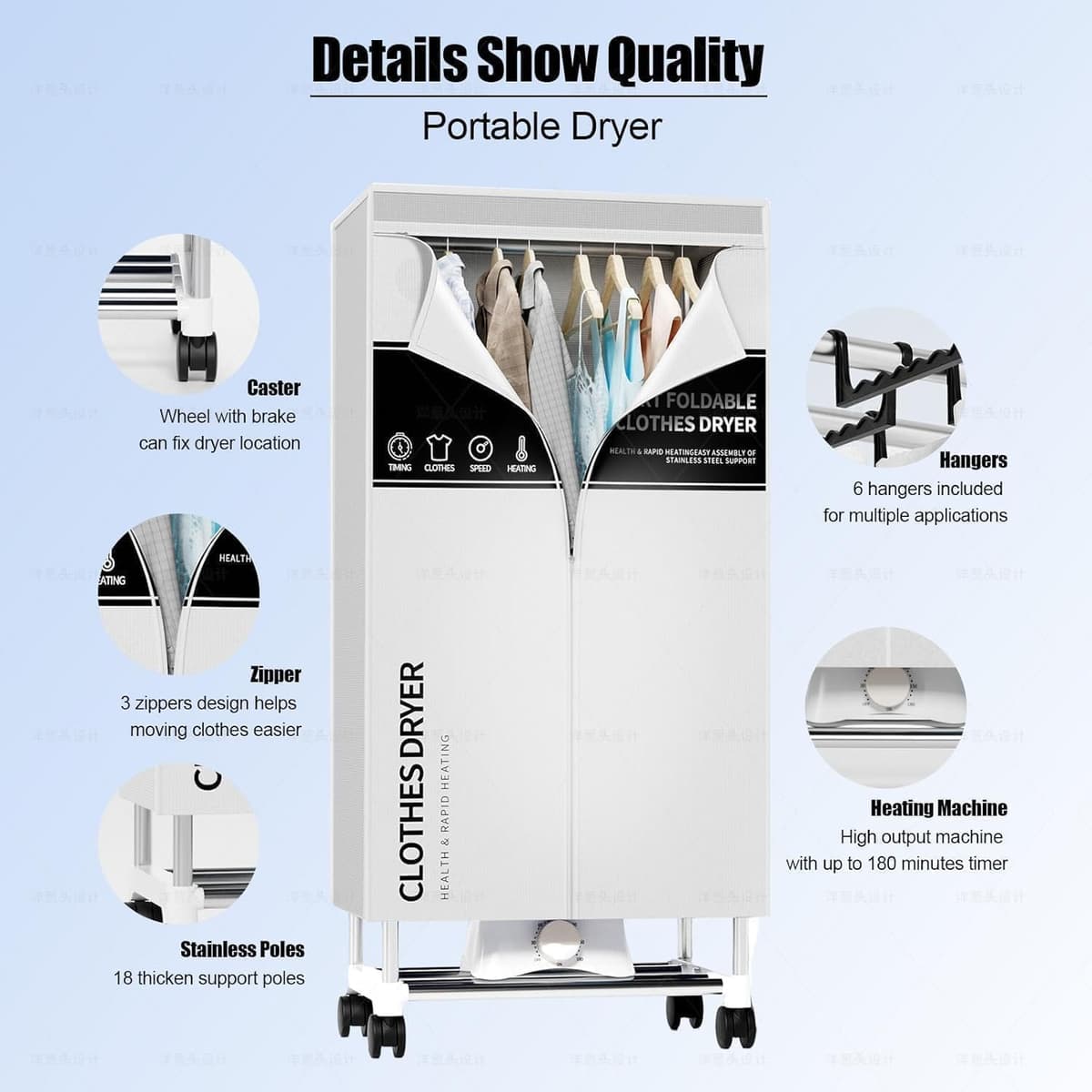 Clothes Dryer, Portable Drying Machine with Timer, 60inch Laundry Drying Wardrobe with Large Capacity, Electric Dryer/Rack for Home | Appartments (Grey LQ5) — view 5
