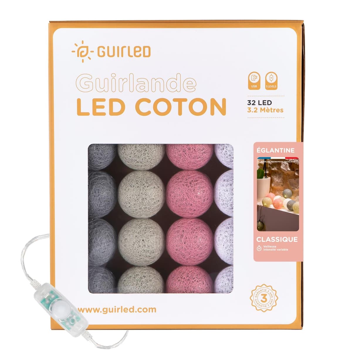 GuirLED - Guirnalda luminosa bolas de algodón LED USB- Luz de noche para bebé 2h - Adaptador de corriente dual USB 2A incluido - 3 intensidades - 16 bolas 1,6m - Byzantin — view 29
