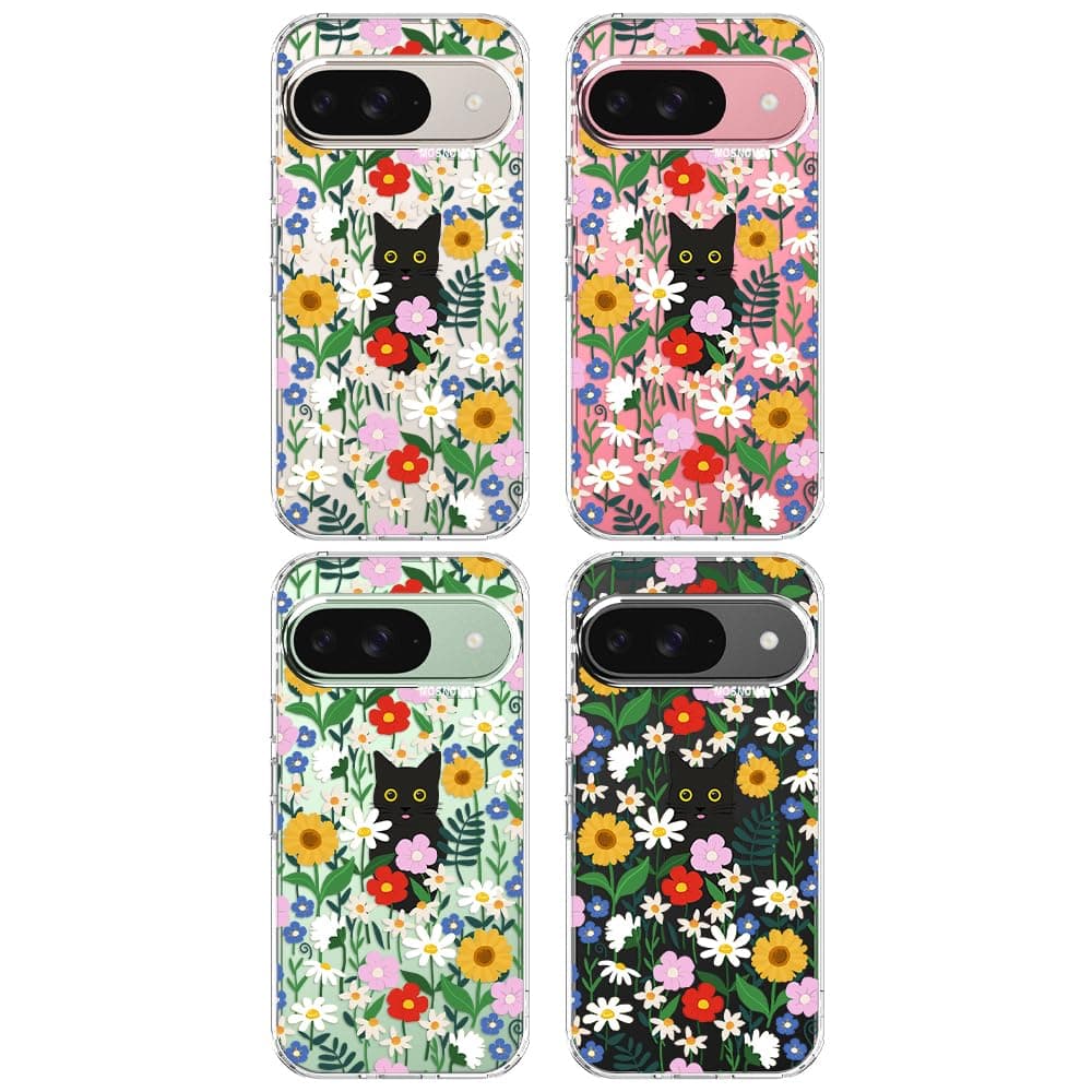MOSNOVO Case for Google Pixel 9 & Pixel 9 Pro, [Buffertech 6.6ft Military-Grade Drop Protection] [Anti Peel Off Tech] Clear TPU Bumper Phone Case Cover Design - Black Cat in Garden — view 3