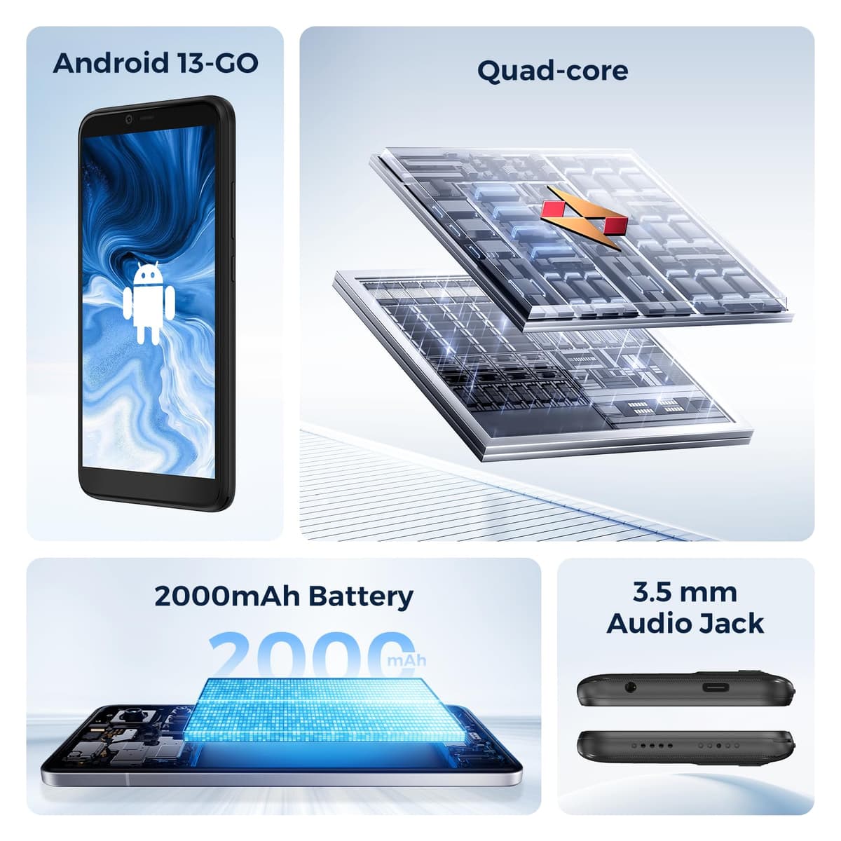 New Unlocked 4G Smartphone Android 13 Go Edition - 5.5" Display, 2GB+16GB Storage, 2000mAh Battery, 2MP Main + 0.3MP Auxiliary Camera, Dual SIM, 3.5mm Headphone Jack — view 5