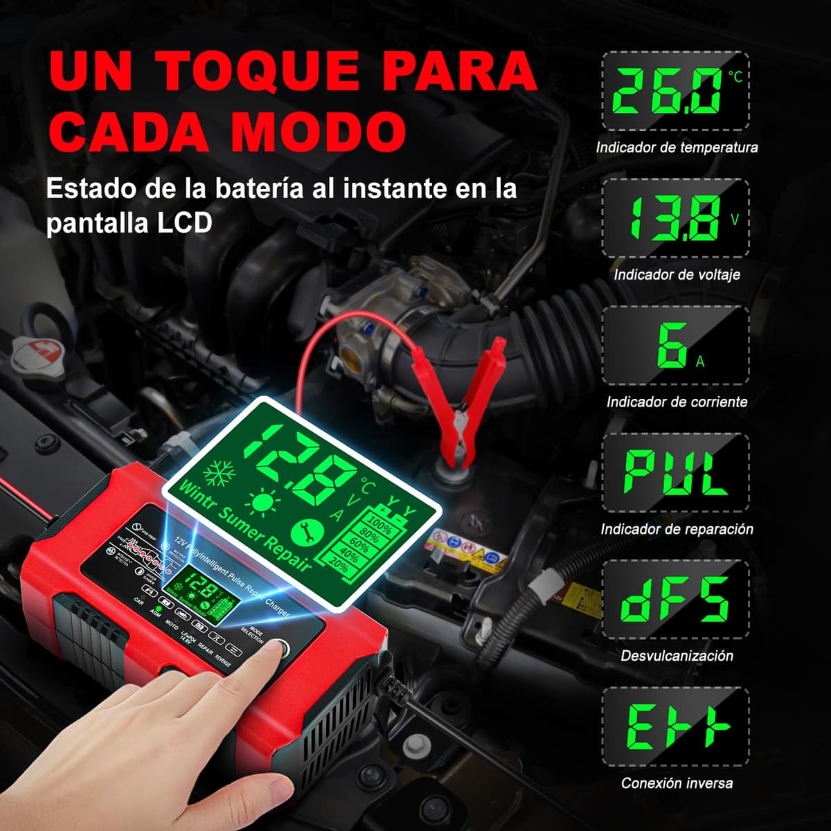 YDBAO Cargador de Baterias Coche 12V 10A Cargador de Batería de Coche Inteligente con Pantalla Táctil LCD y Múltiples Protecciones Cargador de Baterias Coche y Moto para Auto,Moto, AGM, Gel, SLA — view 2