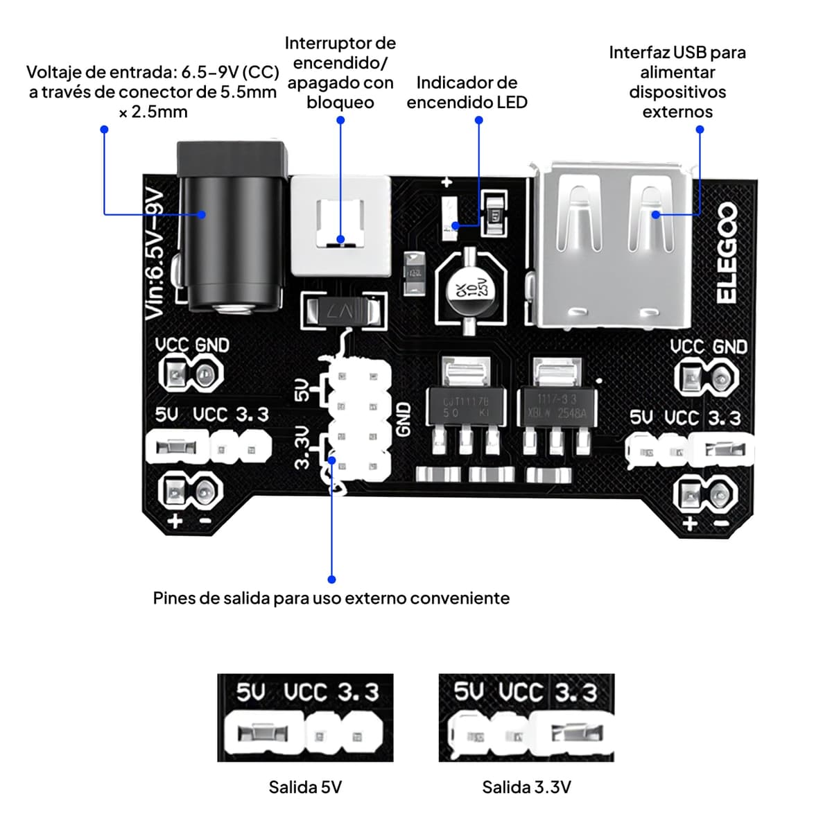 ELEGOO Kit Mejorado de Componentes Electrónicos con Módulo de Alimentación, Placa de Prototipos (Protoboard) de 830 Pines, Cables Puente, Potenciómetro, STM32, Raspberry Pi, para Arduino IDE — view 3