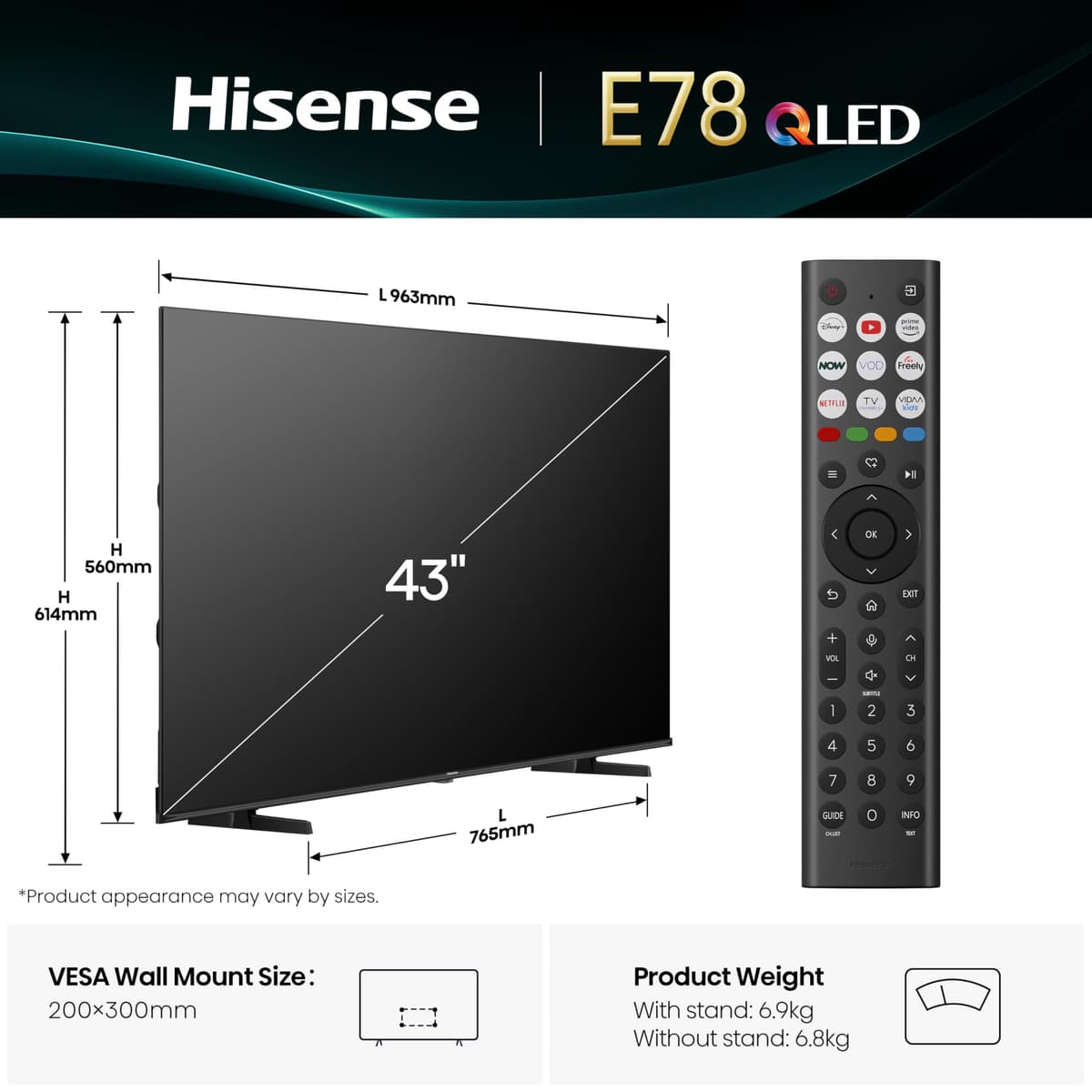 Hisense 43" 43E78QTUK QLED Smart AI TV - 4K Direct Lit Viewing, Quantum Dot Colour, Hi-View AI Engine, Dolby Vision, Dolby Atmos with Freely, Disney +, YouTube, Netflix — view 4