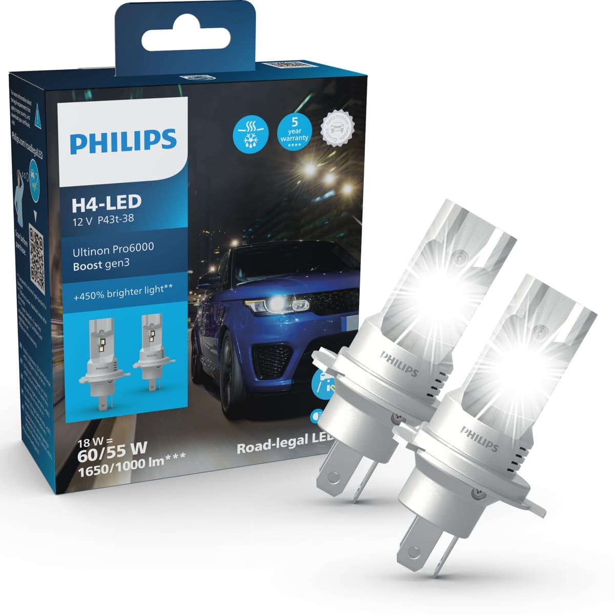 Philips Ultinon Pro6000 Boost gen3 Direct-fit H4-LED, lámpara de faro con homologación para carretera*, +450% de luz más brillante**