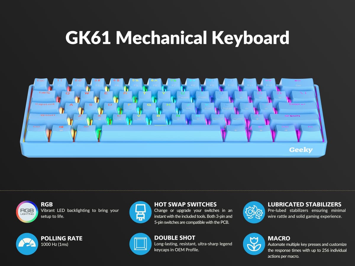 Geeky GK61 60% | Hot Swappable Mechanical Gaming Keyboard | 61 Keys Multi Color RGB LED Backlit for PC/Mac Gamer | ANSI US American Layout (Blue, Mechanical Red) — view 5