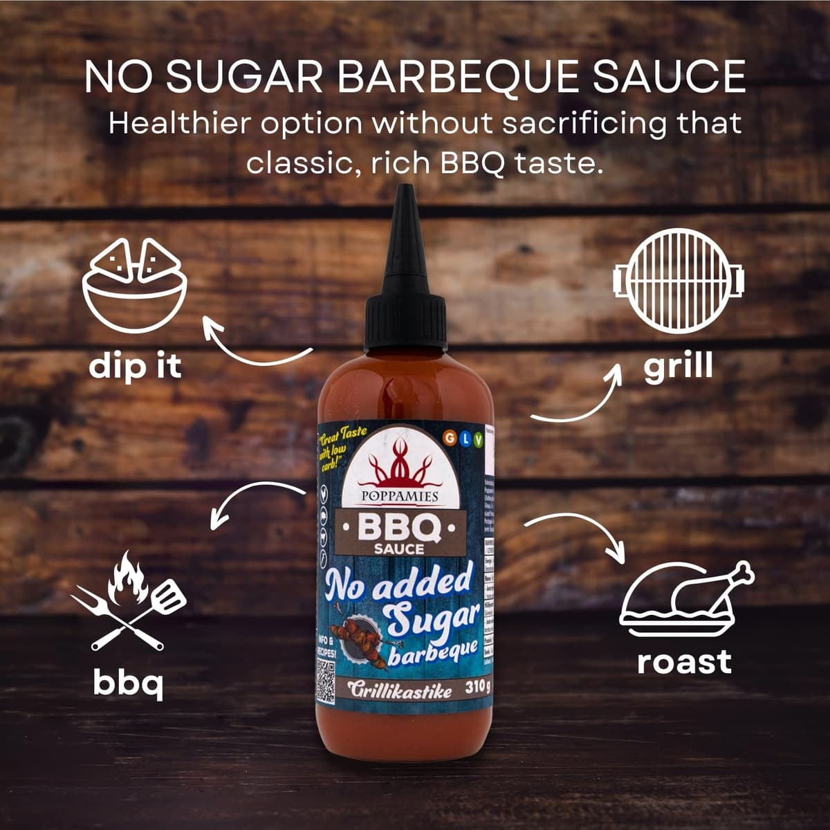 Salsa BBQ Poppamies Sin Azúcares Añadidos – Sabor Ahumado e Intenso Bajo en Carbohidratos – Sin Gluten, Sin Lactosa, Vegana – 310g — view 3