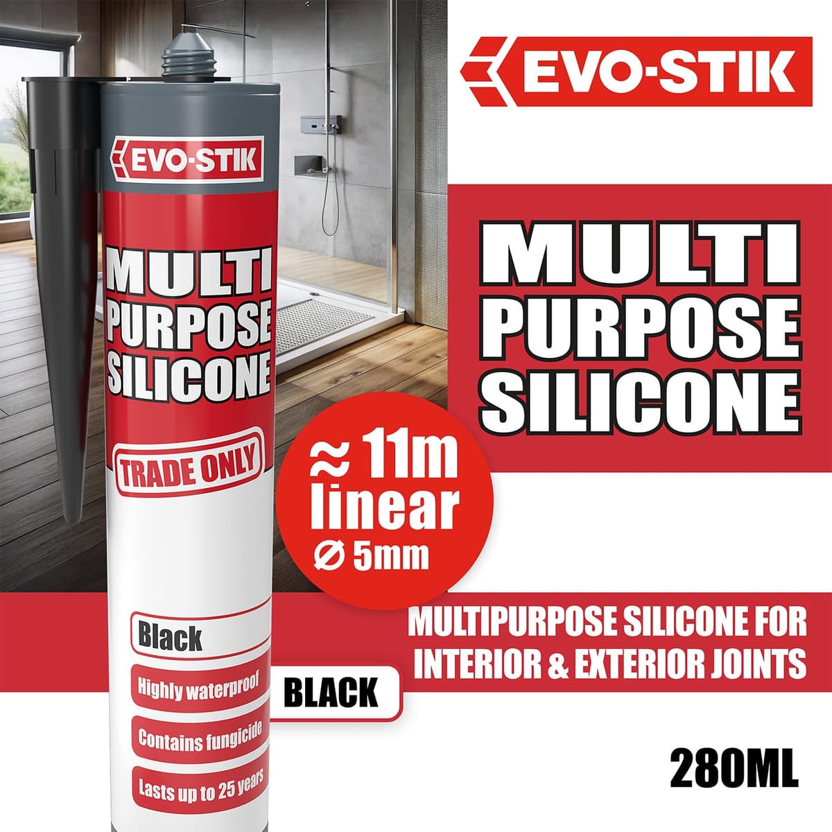 EVO-STIK Multipurpose Silicone Sealant Black - Waterproof & Mould Resistant - For Interior and Exterior Use — view 2