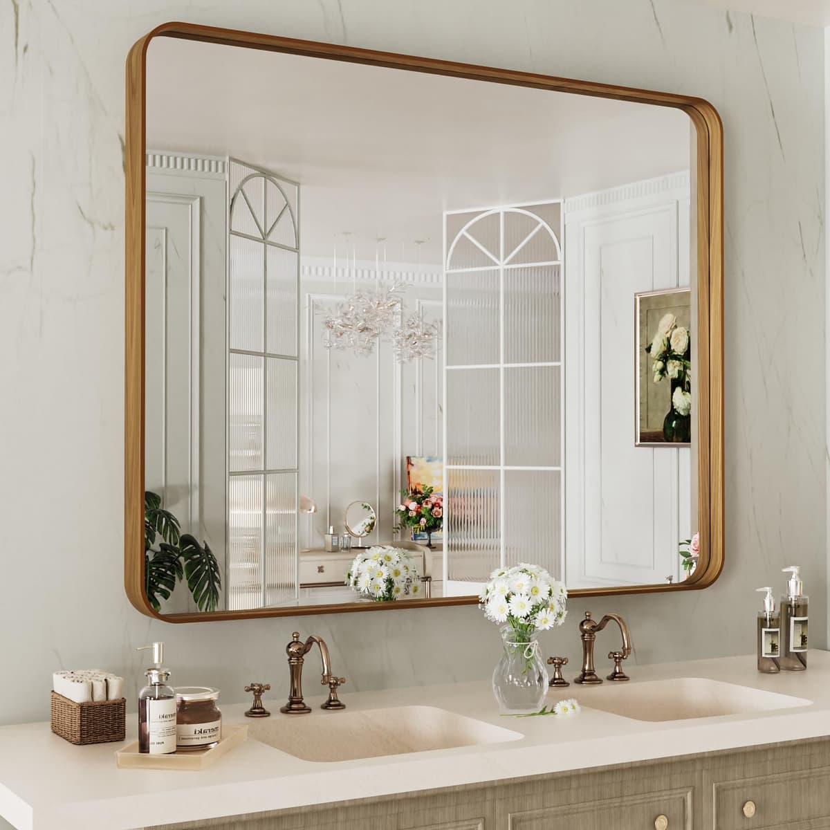 LOAAO 48”X36” Gold Bathroom Mirror, Rounded Rectangle Gold Frame Mirror, Brushed Gold Bathroom Vanity Mirror Wall-Mounted, Anti-Rust, Tempered Glass, Hangs Horizontally or Vertically — view 46