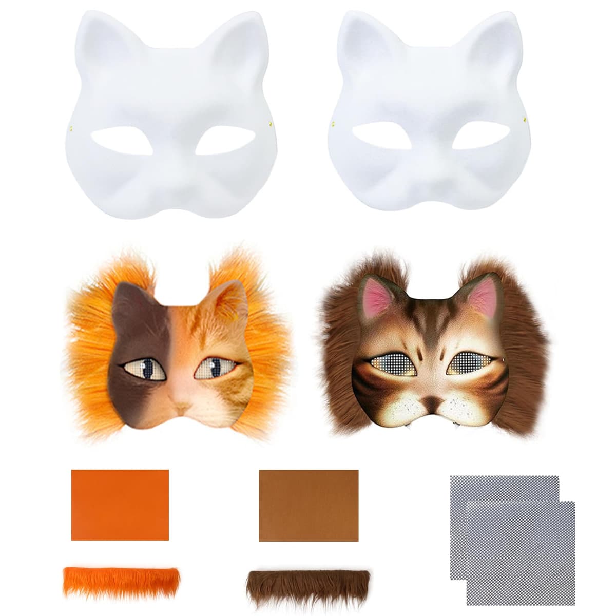 Mask, Furry Mask for Creative Expression, DIY Cat Mask Kit with Pre-Cut Materials, Two Complete Mask Sets in Orange and Brown with Adhesive Felt and Mesh Fabric