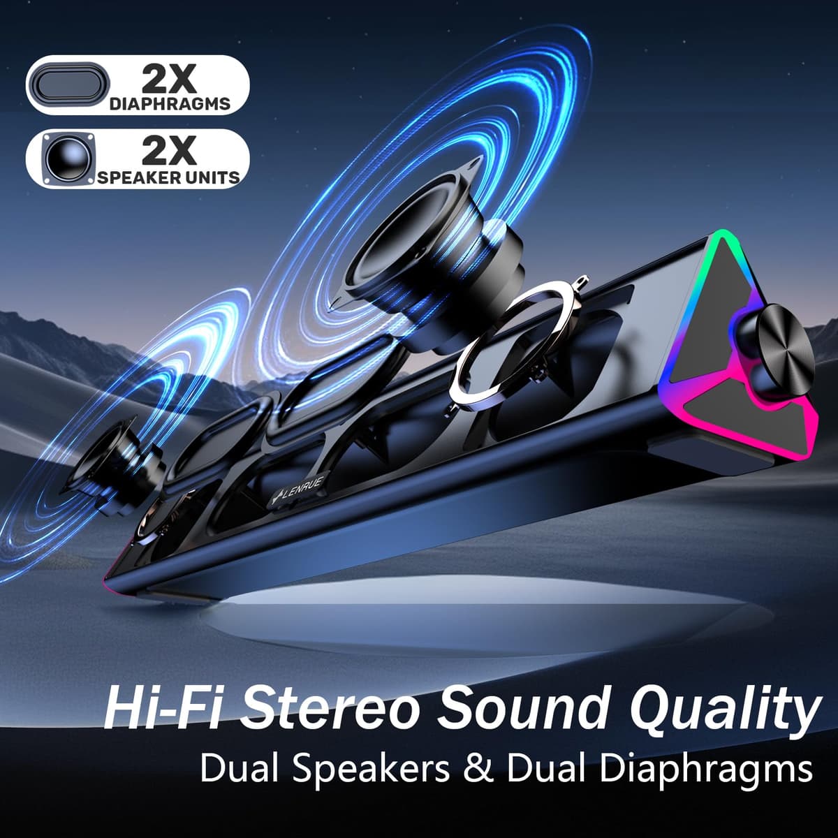 LENRUE PC Speakers,Computer Speakers with Single USB for Power and Stereo Sound,PC Soundbar with Touch Lights,Gaming Speaker for Desktop,Laptop (USB-C Adapter Included) — view 2