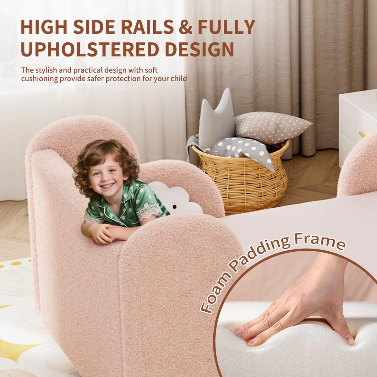 Toddler Bed, 140x70cm Soft Padded Kids Bed with Cloud-Shaped Safety Guardrails, Low Bed Frame for Girls Boys Children, Cot to Bed Transition (Mattress NOT Included) — view 5