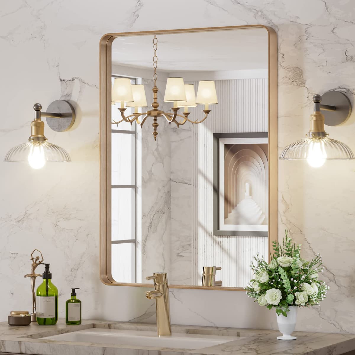 LOAAO 48”X36” Gold Bathroom Mirror, Rounded Rectangle Gold Frame Mirror, Brushed Gold Bathroom Vanity Mirror Wall-Mounted, Anti-Rust, Tempered Glass, Hangs Horizontally or Vertically — view 44