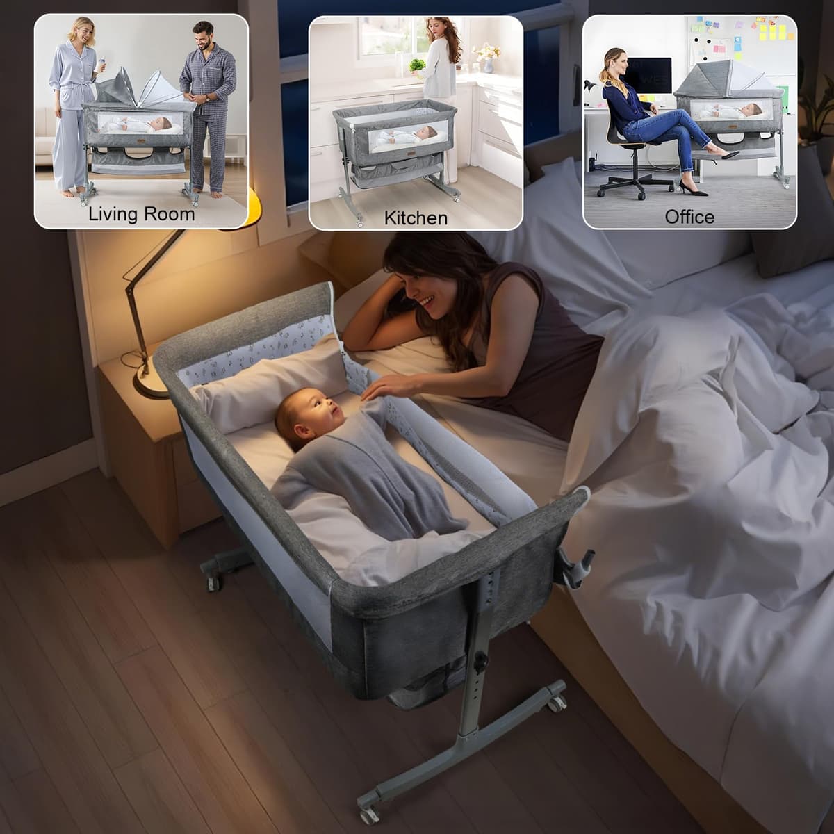 Baby Bedside Crib Baby Crib with with Wheels, Storage, Mosquito Net and Matress Included, Height Adjustable Baby Bassinet (Grey 3) — view 2
