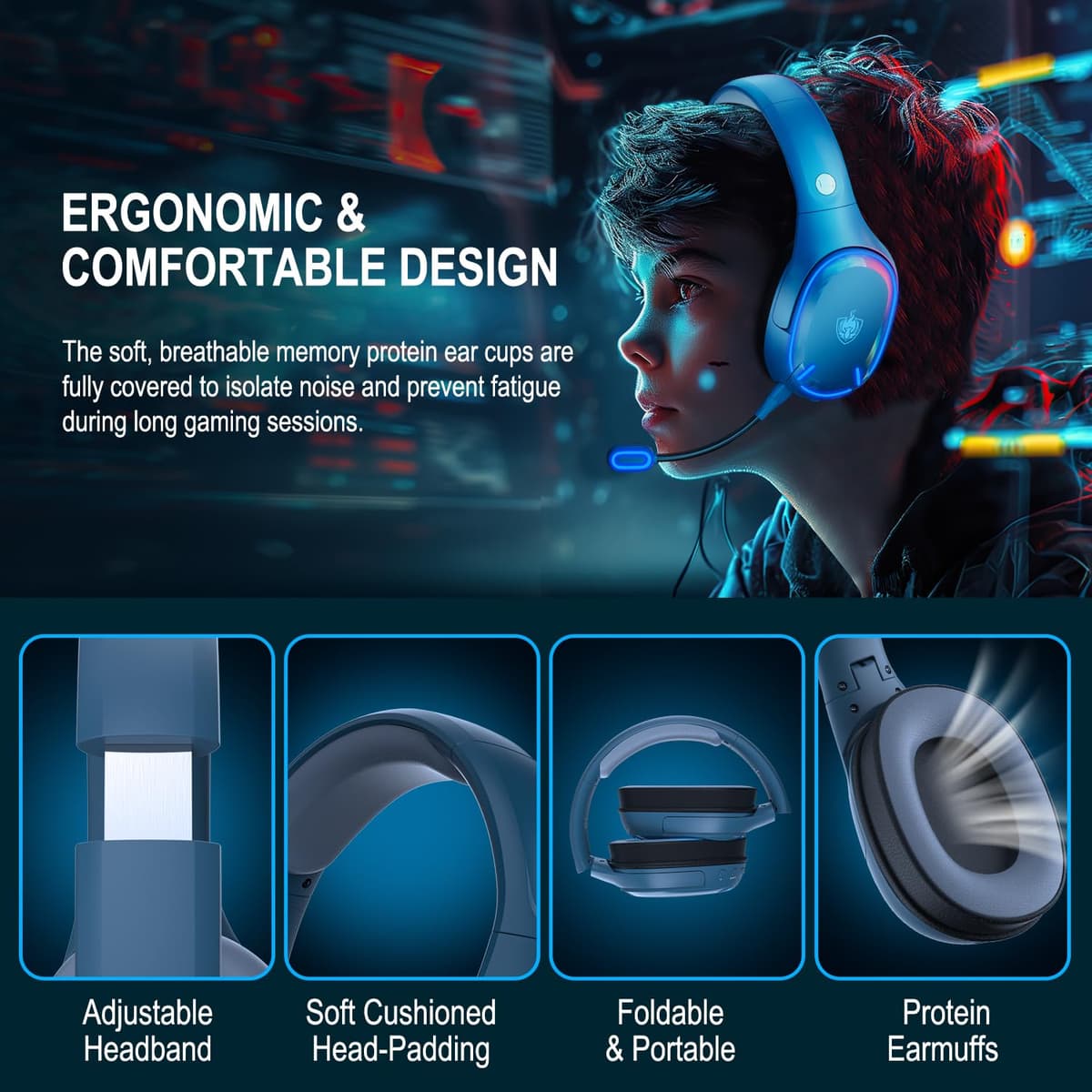 PHOINIKAS Cascos Gaming Inalámbricos para PC/PS5/PS4, Auriculares Gaming Inalámbricos de 2,4GHz USB Wireless+Bluetooth 5.3, Baja Latencia Calidad de Sonido 7.1 sin Pérdidas, 30+ Horas, Luz LED (Azul) — view 5