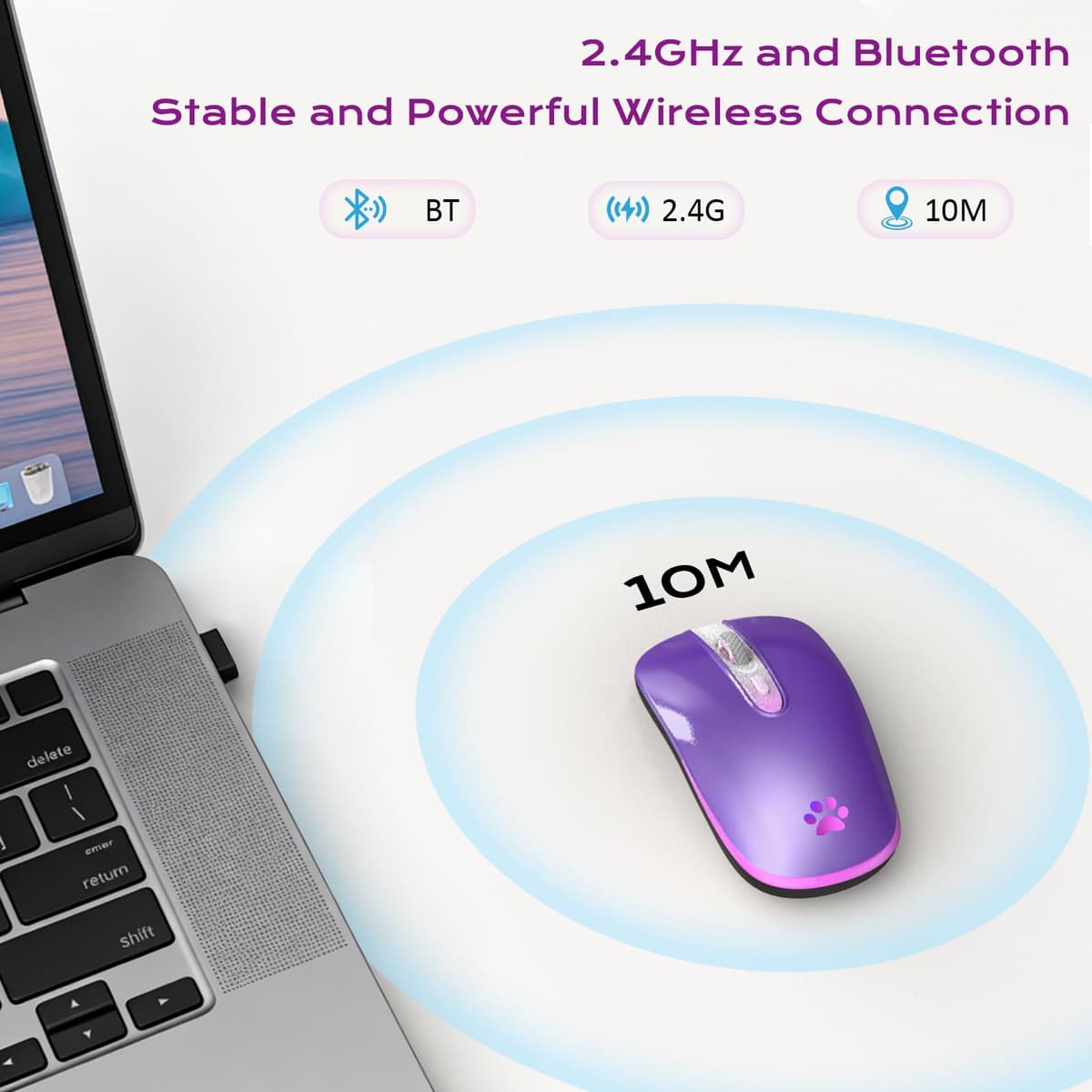 Wireless Mouse, 2.4G & Bluetooth Mouse for Laptop Slim Silent Mice with USB Receiver, 7 Color Backlit LED, 1000/1200/1400/1600 DPI Optical Computer Mice, Compatible with PC, Mac, Laptop, Purple — view 4
