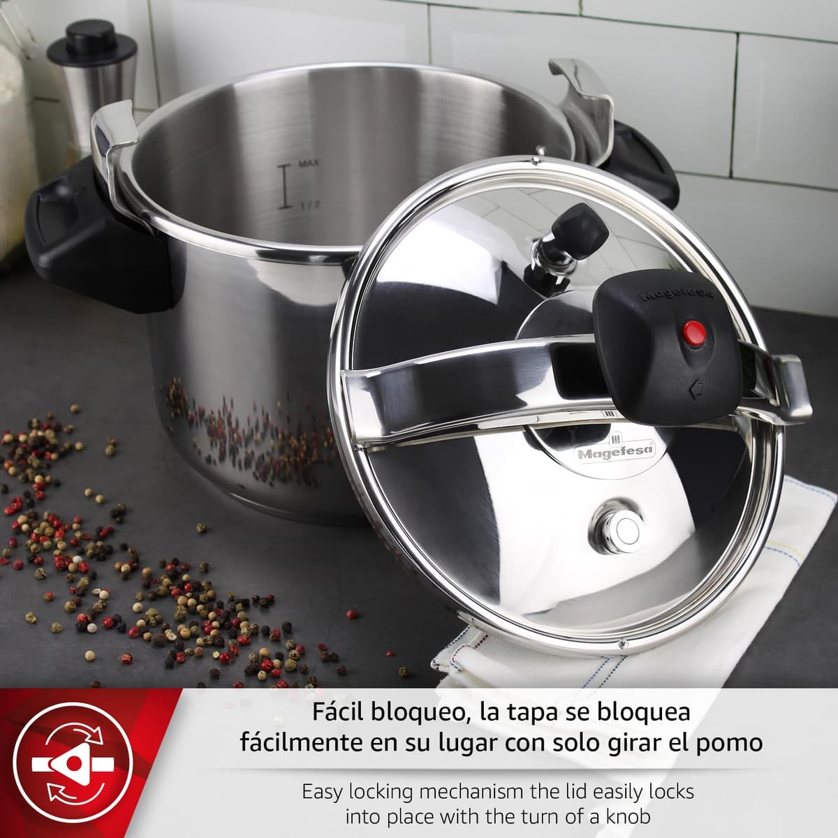 Magefesa Inoxtar - Olla Express Tradicional de 8 Litros + Cestillo, Acero Inoxidable 18/10, Inducción, Cocina Sana, Pomo Rotatorio, Fondo Termodifusor — view 4