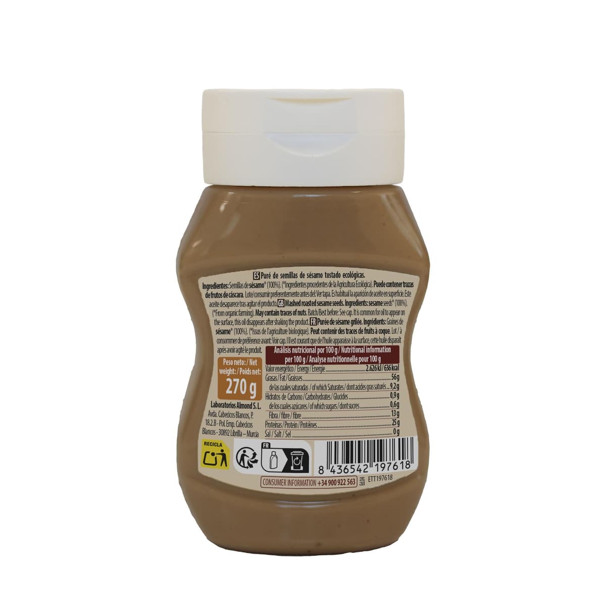 NaturGreen - Tahini Suave Integral Bio, 270 g, Tapón Antigoteo, Puré de Sésamo 100% Ecológico, Textura Cremosa, Rico en Fibra, Sin Gluten ni Azúcares, Fuente de Proteínas, Recetas Saludables — view 2