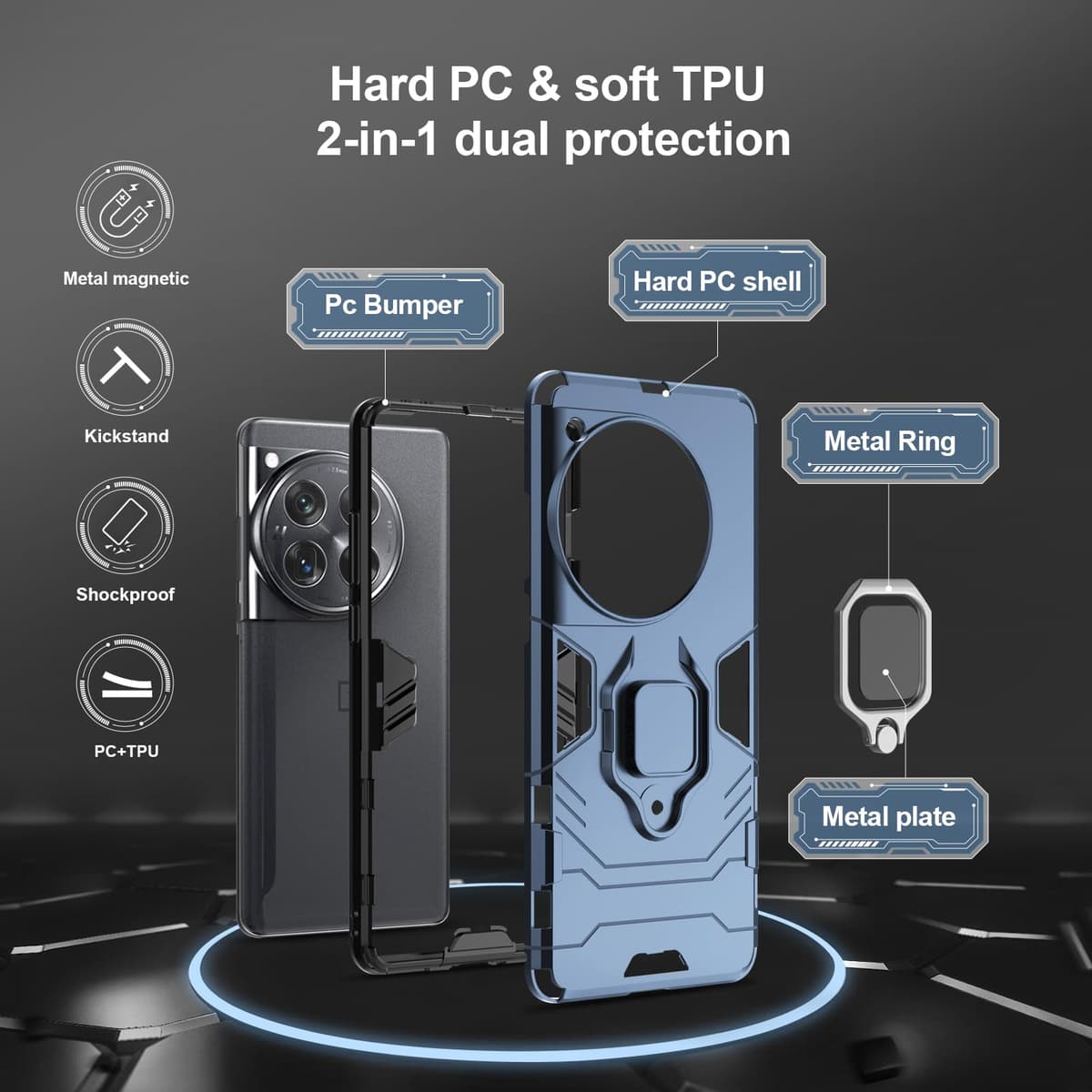 Funda para CMF Phone 2 Pro, Carcasa Antigolpes con Soporte anular metálico, Case Protectora de Grado Militar, Negro — view 1447