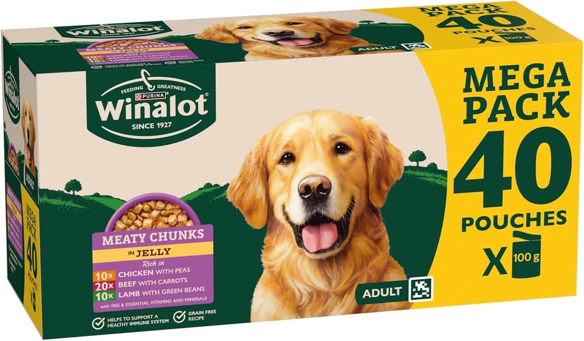 WINALOT Meaty Chunks Adult Wet Dog Food Mixed in Jelly Beef, Chicken, Lamb 40x100g Pouches Meaty Chunks Mixed in Jelly 100 g (Pack of 40)