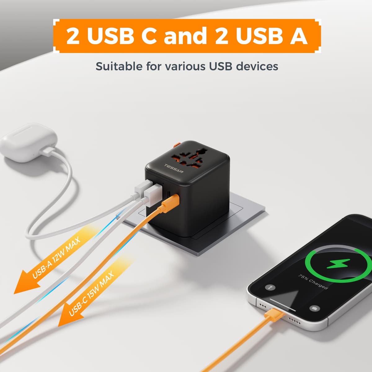 TESSAN Universal Travel Adapter Worldwide with 4 USB (2 USB C), International Travel Adapter UK to European Power Universal Plug Adaptor for EU USA Australia Thailand (Type C, G, A, I), Black — view 4