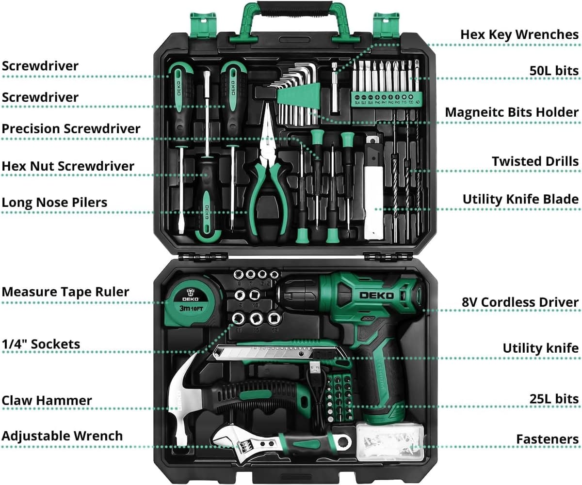 DEKO Caja Herramientas Completa con Destornillador Electrico/Taladro con bateria de 8V, Maletin de 126 Piezas, Caja profesional de herramientas Domésticas de Bricolaje para Oficinas y Jardín,Verde