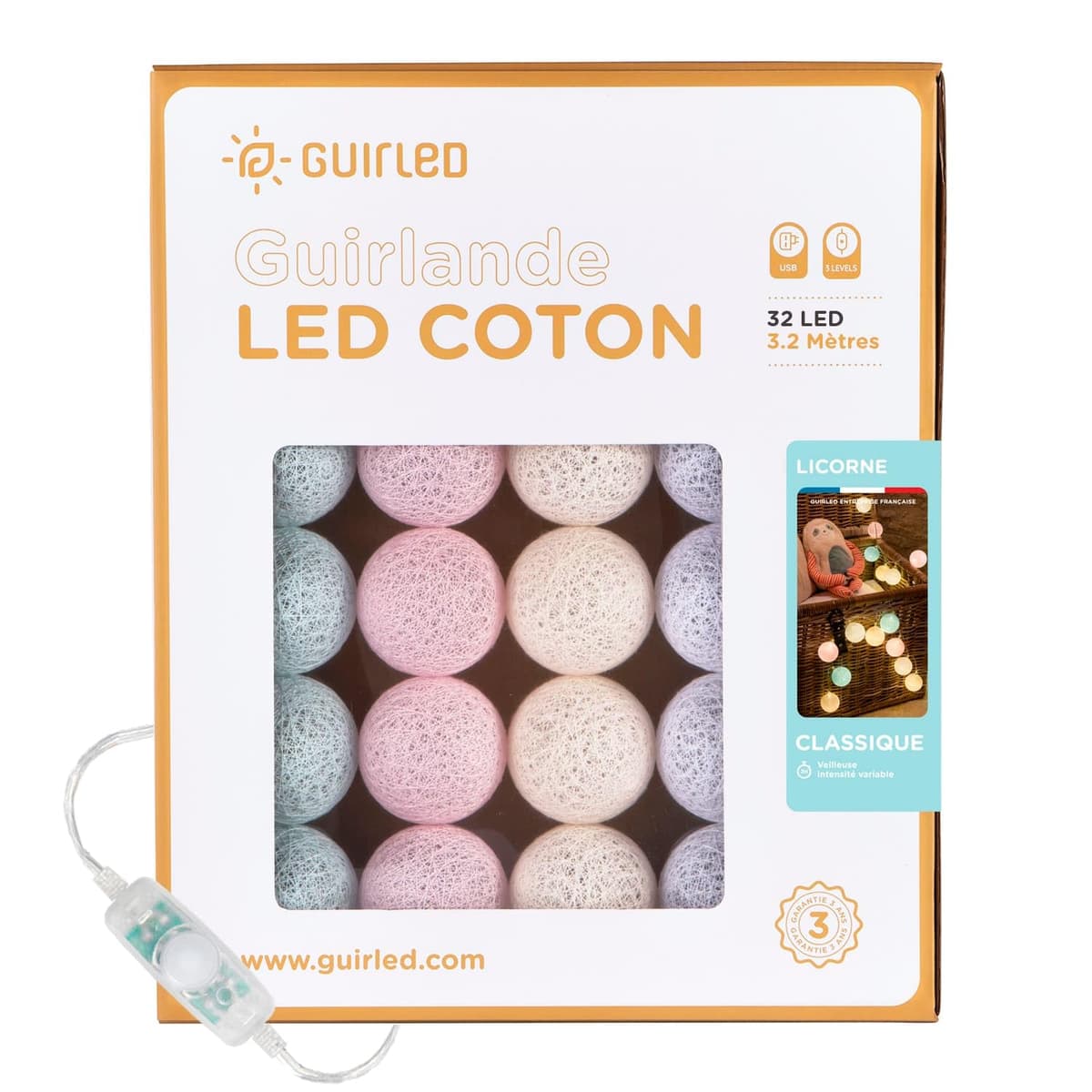GuirLED - Guirnalda luminosa bolas de algodón LED USB- Luz de noche para bebé 2h - Adaptador de corriente dual USB 2A incluido - 3 intensidades - 16 bolas 1,6m - Byzantin — view 88