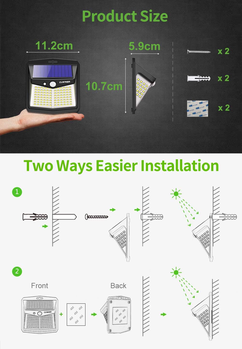 CLAONER Solar Powered Lights Outdoor, Upgraded Wireless 270° IP65 Solar Motion Sensor Security/Wall Light for Front Door, Yard, Garage, Garden, Fence, Cool White (2 Pack) — view 6