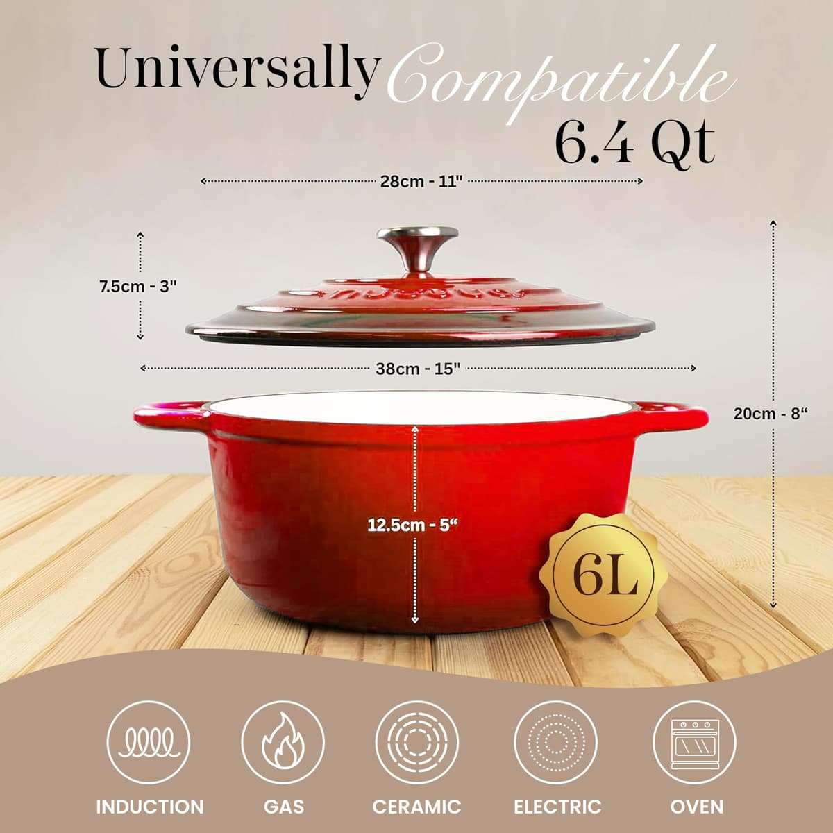 Nuovva Enamelled Cast Iron Dutch Oven Pot with Lid – 6.4 Quart Casserole Dish – Ceramic Dutch Oven for Bread Baking, Roasting, Braising & Stews – Oven Safe up to 500°F – 28cm Red — view 2