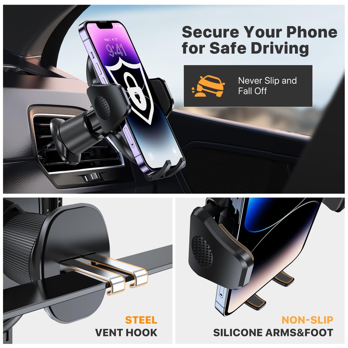 Miracase Car Phone Holder, Stable Double Steel-Hook Air Vent Car Phone Mount Cradle 360°Rotation, One Button Release Mobile Phone Holder for iPhone, Galaxy, All 4.0''-7'' Smartphones — view 3