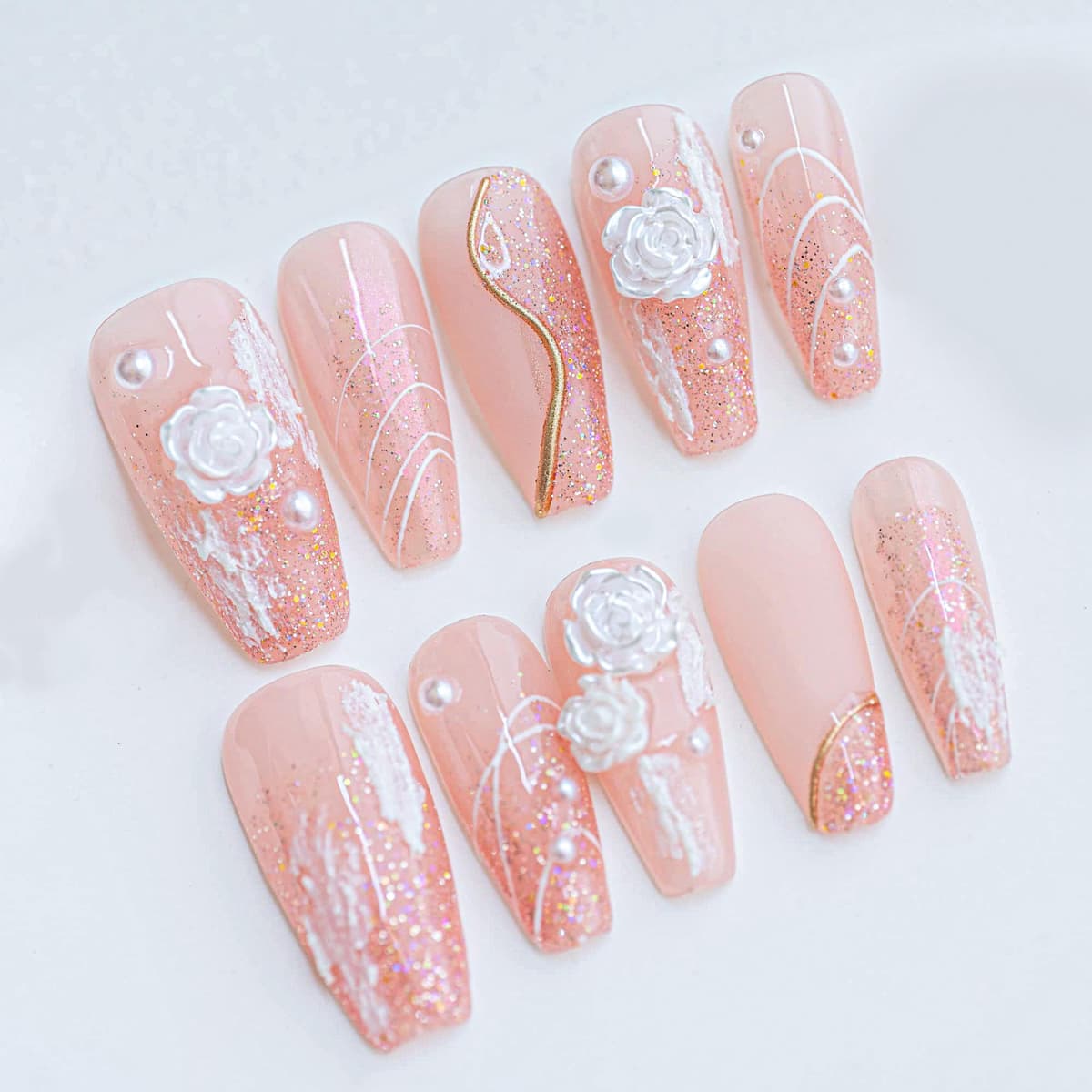 Sun&Beam Nails Handmade Press On Nail Long Coffin Ballerina Pink Flower Acrylic Fake Tip 3D Design Art Charms Cute with Storage Box 10 Pcs (S) — view 342