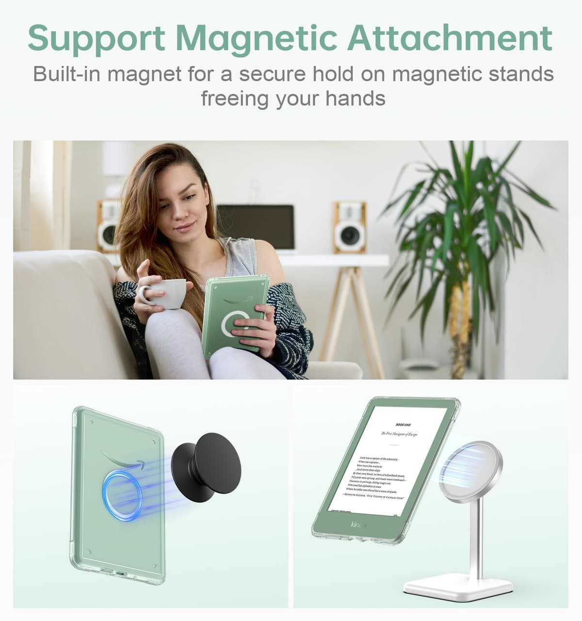 MoKo 360° Rotating Case for 6" All-New Kindle (11th Generation-2024/2022 Release), Clear Back Detachable Magnetic Protective Adjustable Stand Cover with Auto Wake/Sleep, Agave Green — view 5