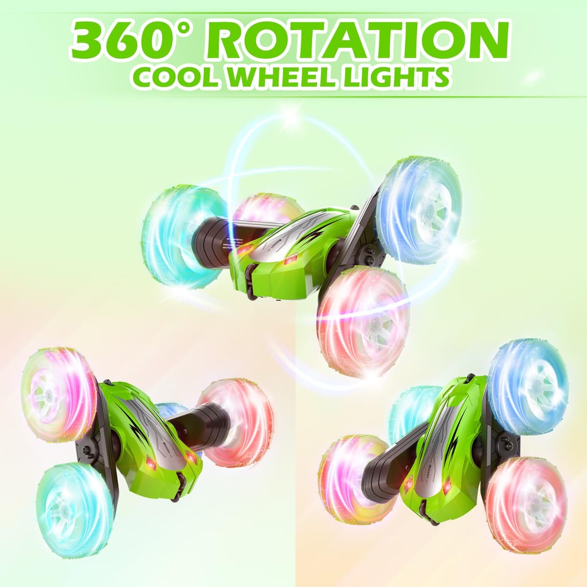 Rodzon Coche Teledirigido,Coche AcrobáTico Camiones 360 Grados De RotacióN,Juguete Niño Regalo 6 7 8 9 12 Años Niña 2.4Ghz Niños Coche Teledirigido con Luces Incluye Batería Recargable (Verde) — view 2