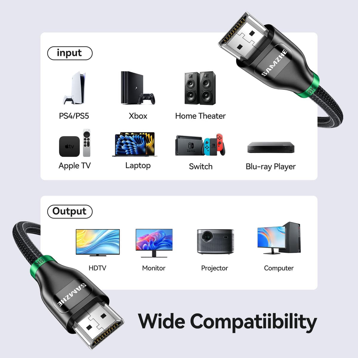 SAMZHE 10K 8K HDMI Cable 2M Certified, HDMI 2.1 Cable Ultra HD High Speed 48Gbps, 8K@60Hz 4K@240Hz HDMI Lead eARC HDR10 HDCP 2.2/2.3, Compatible for PS5/4 for X-box/HDTV/Blu-ray — view 5