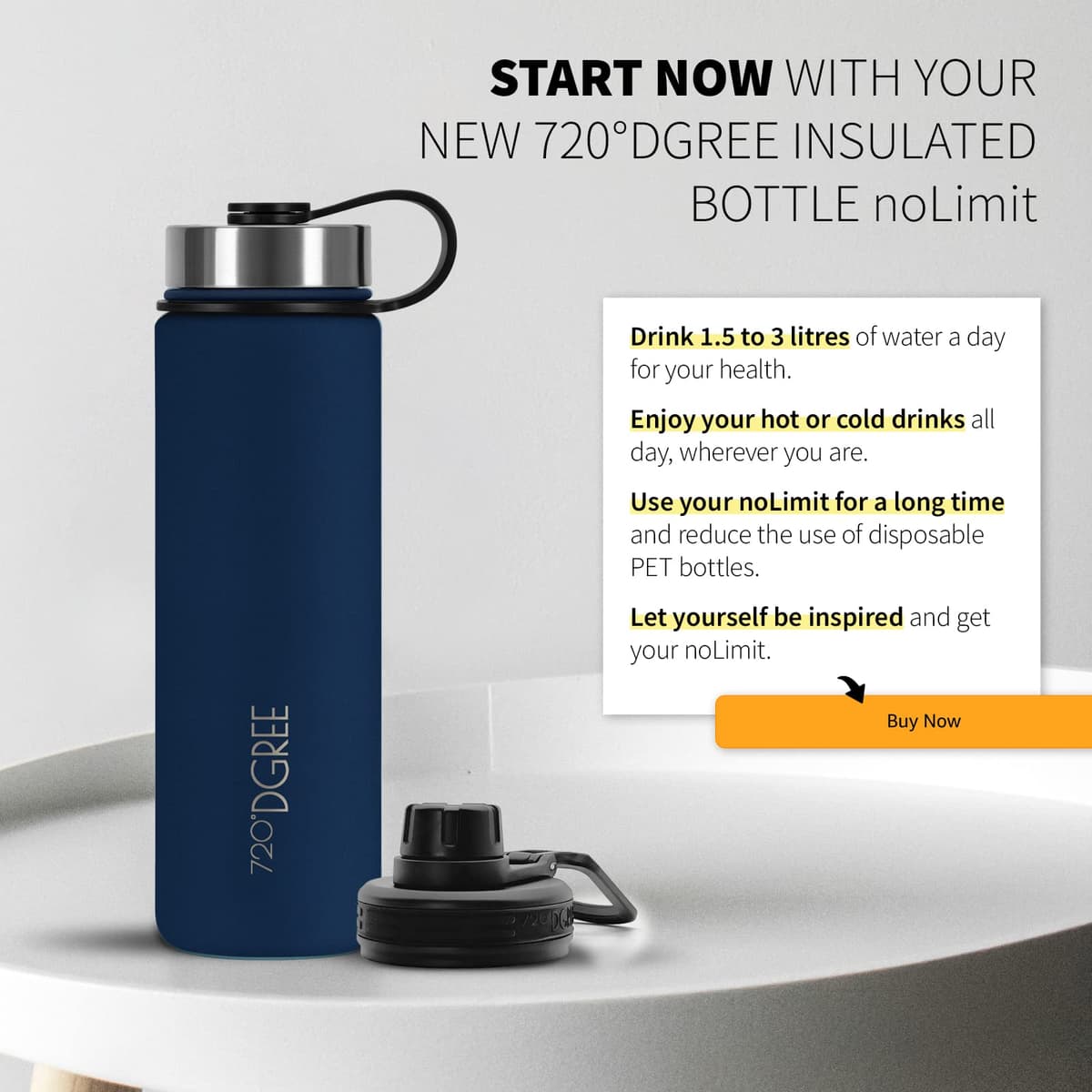 720°DGREE Vaccum Insulated Water Bottle “noLimit“ - 410ml, 530ml, 710ml, 950ml, 1200ml - Leakproof, BPA-Free, Thermo Stainless Steel Flask - Sports, Gym, School, Travel, Carbonated Drinks +Sports-Cap — view 6