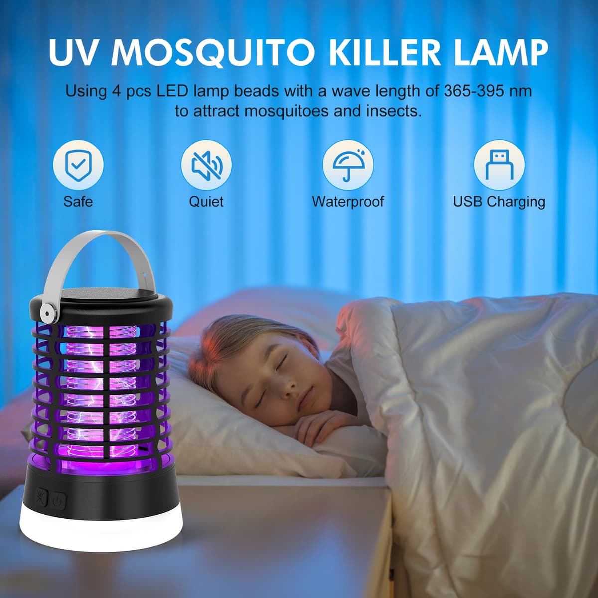 Lámpara Antimosquitos Exterior, Mata Mosquitos Eléctrico 2000V para Camping con Luz LED 3 en 1, Trampa para Mosquitos Recargable USB Tipo-C, IP66 Impermeable, Batería 2200mAh, Uso en Jardín, Terraza — view 4