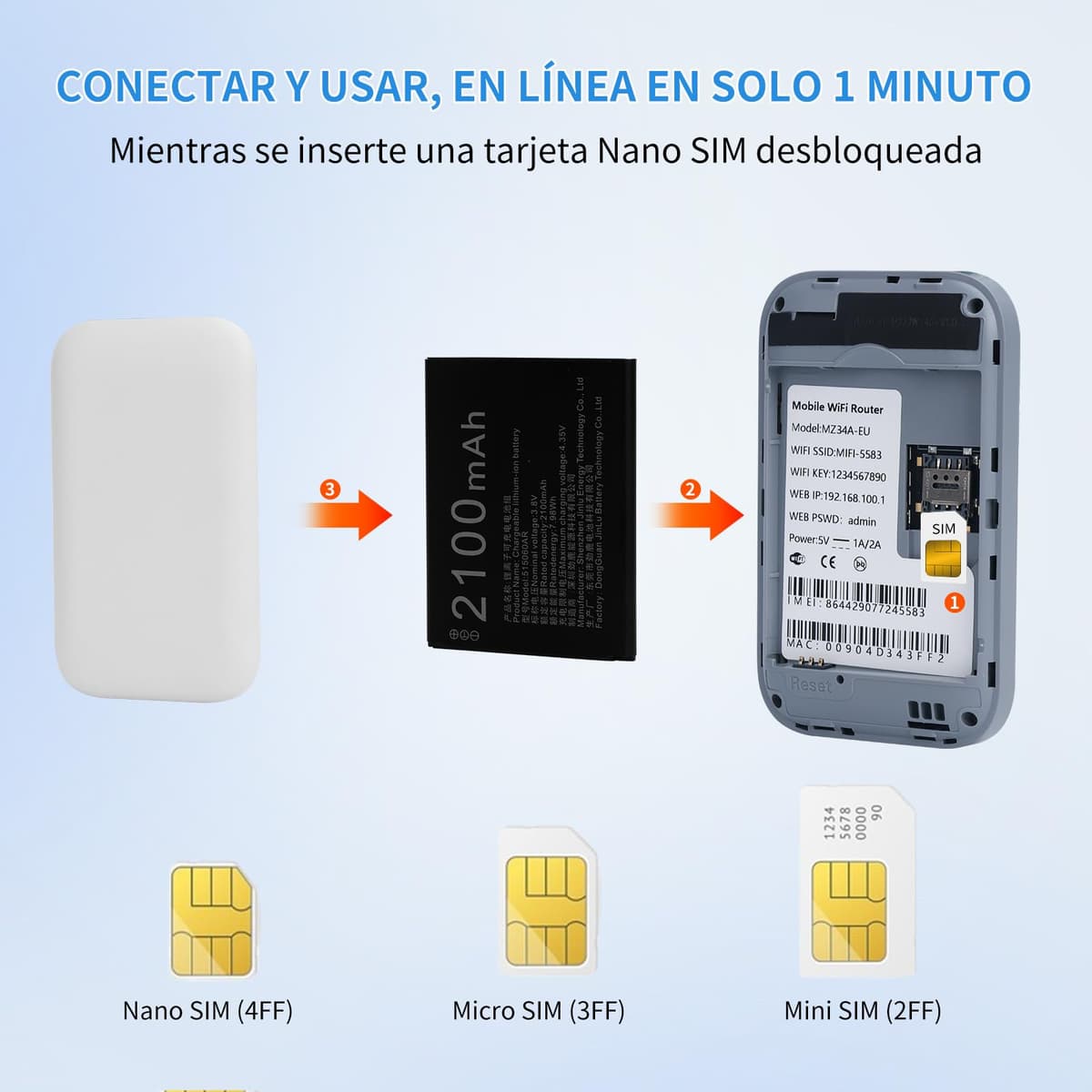 WiFi portatil,Router 4G,Router portátil WiFi de Alta Velocidad Hotspot Mini Router móvil,WiFi portatil Tarjeta sim-Batería de 2100 mAh-Conecta hasta 10 Dispositivos — view 3