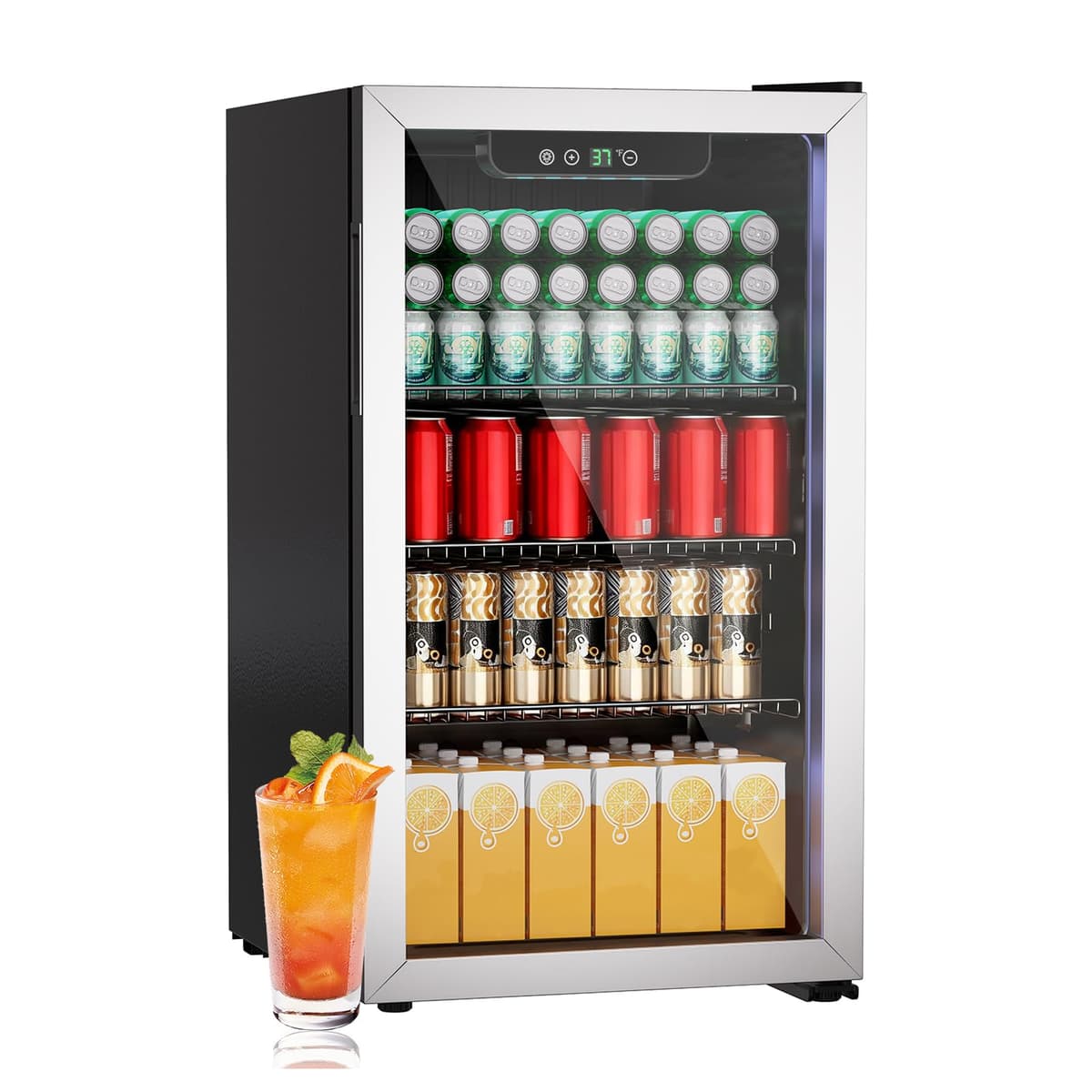 DollarDash Mini refrigerador de 80L, refrigerador independiente para bebidas con capacidad para 115 latas puerta de transparante para, refrigerador pequeño con estantes ajustables (plateado)